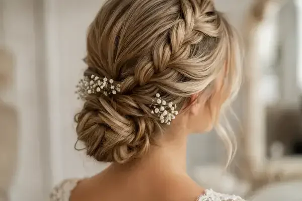 Romantic braided updo bridal hairstyle with Dutch braid and baby's breath