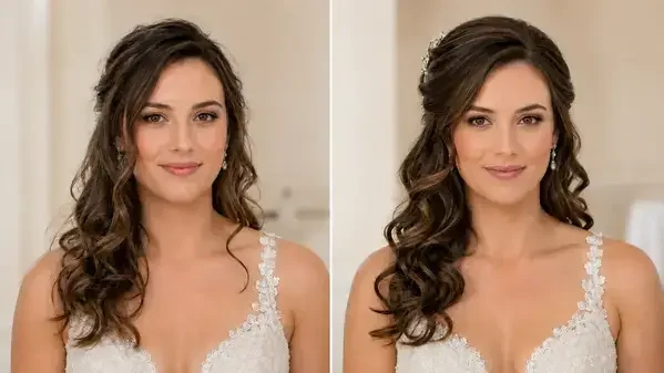 Side by side comparison of DIY bridal hairstyle versus professional stylist result on the same bride