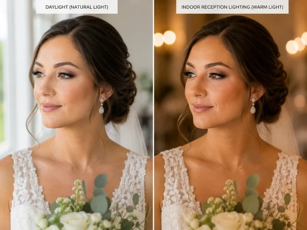 Wedding makeup comparison in natural daylight versus indoor reception lighting