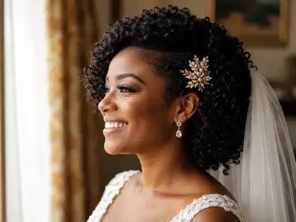 Natural curls bridal hairstyle with gold comb accessory and veil
