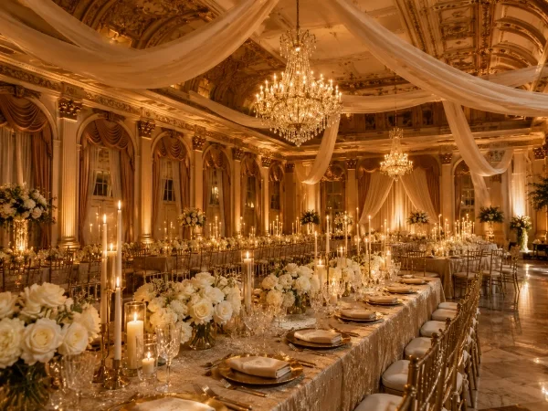 Glamorous ballroom reception with crystal chandeliers