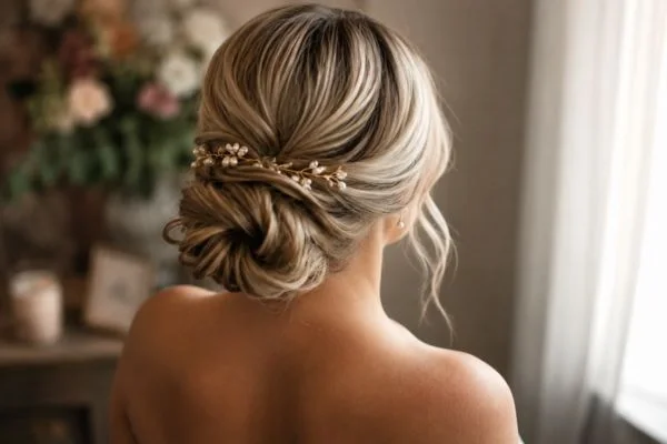 Bridal chignon complementing strapless wedding dress neckline