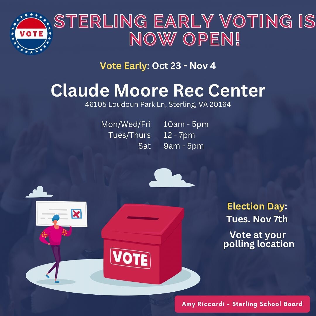 Come join me this week at Claude Moore Park and Vote early! Anyone from Loudoun County can vote at any early voting location. I look forward to meeting you!
.
#sterlingva #parentsmatter #gotv #voteearly #lcps #teachersmatter  #busdrivers