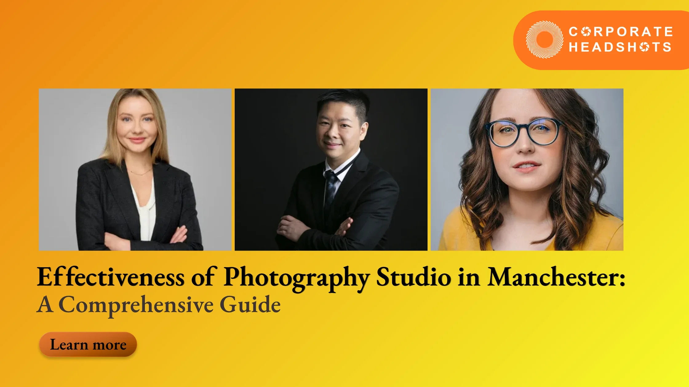 A banner with three professional headshots on a yellow-orange gradient background.