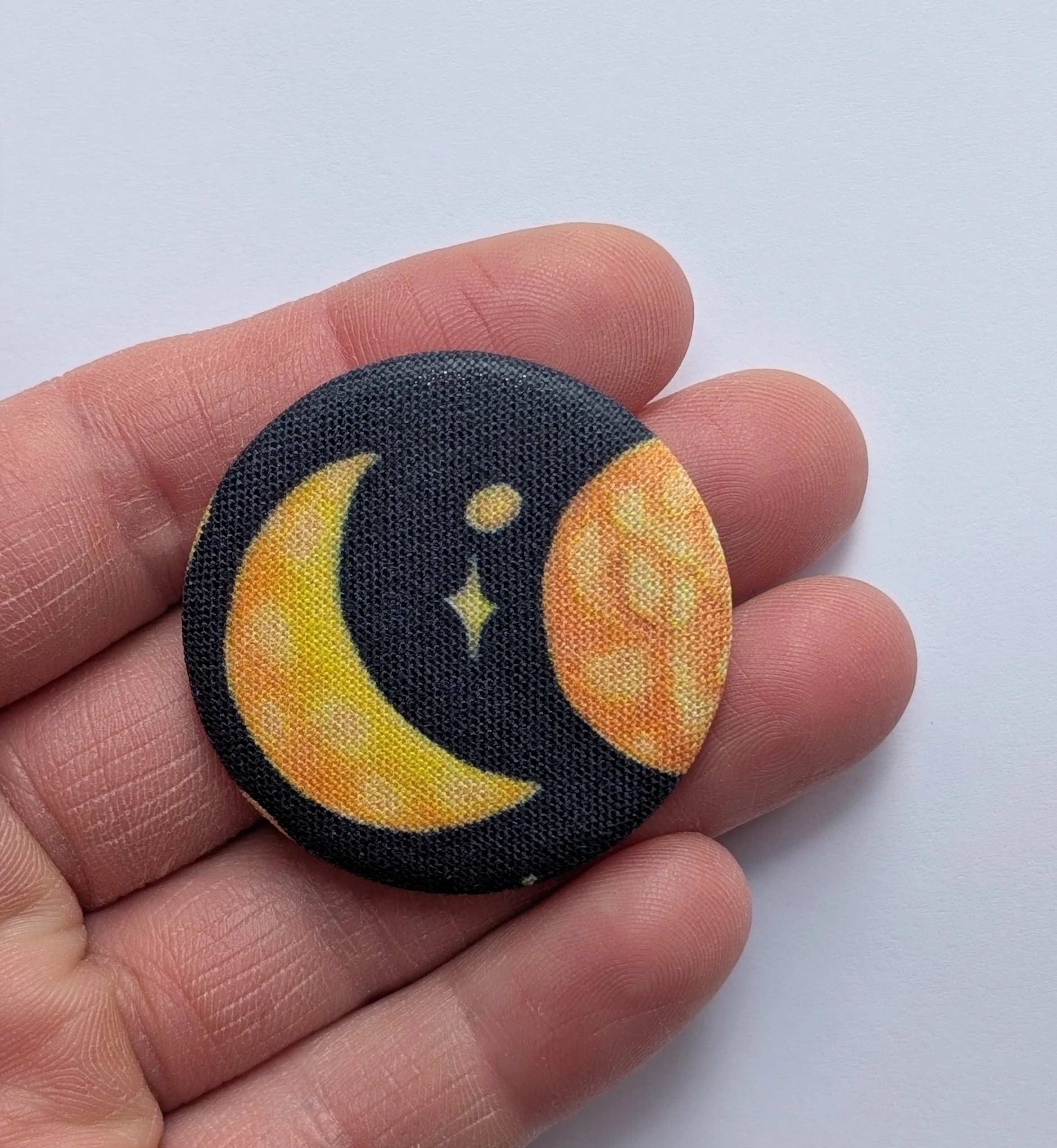 Crescent Moon Fabric Covered Pin Backed Button