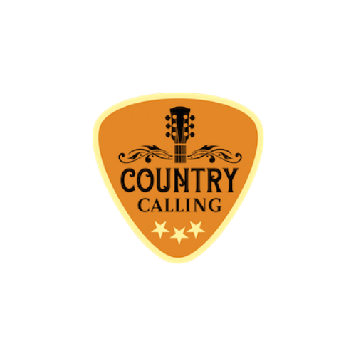 A guitar pick with a brown background, black guitar graphic, and the text "Country Calling" along with three stars.