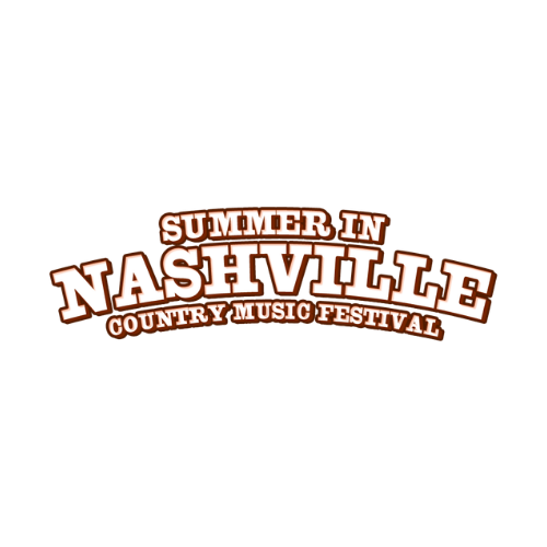 Logo for Summer in Nashville Country Music Festival with white and orange text on a black background.