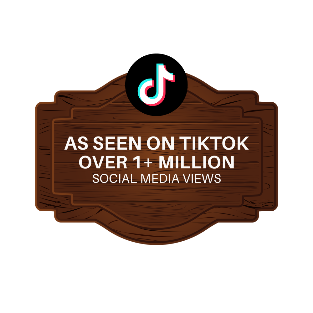 A wooden sign with the TikTok logo at the top and text that says, "As seen on TikTok over 1+ million social media views."