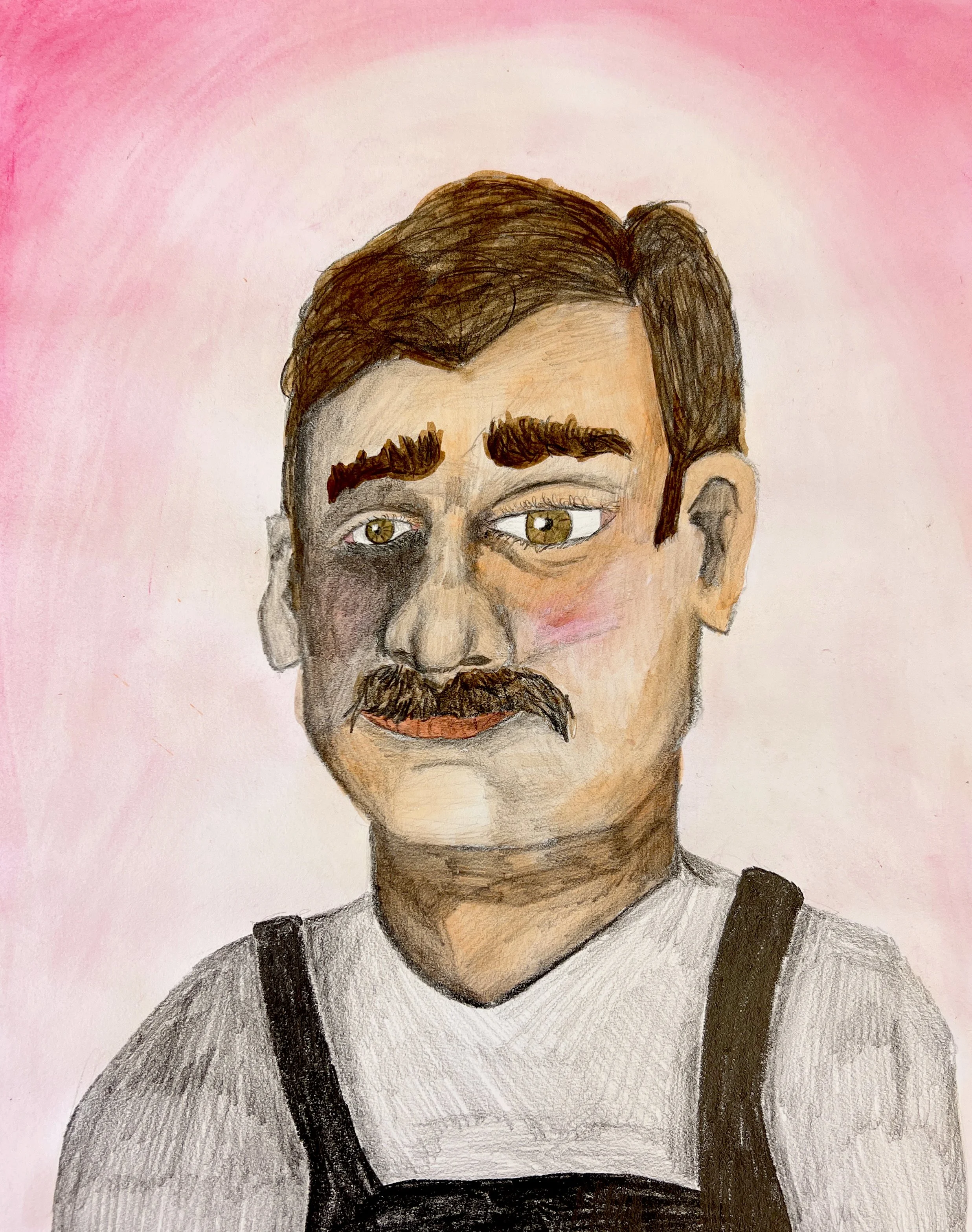 drawn self portrait of a middle aged man with a mustache and bad proportions.