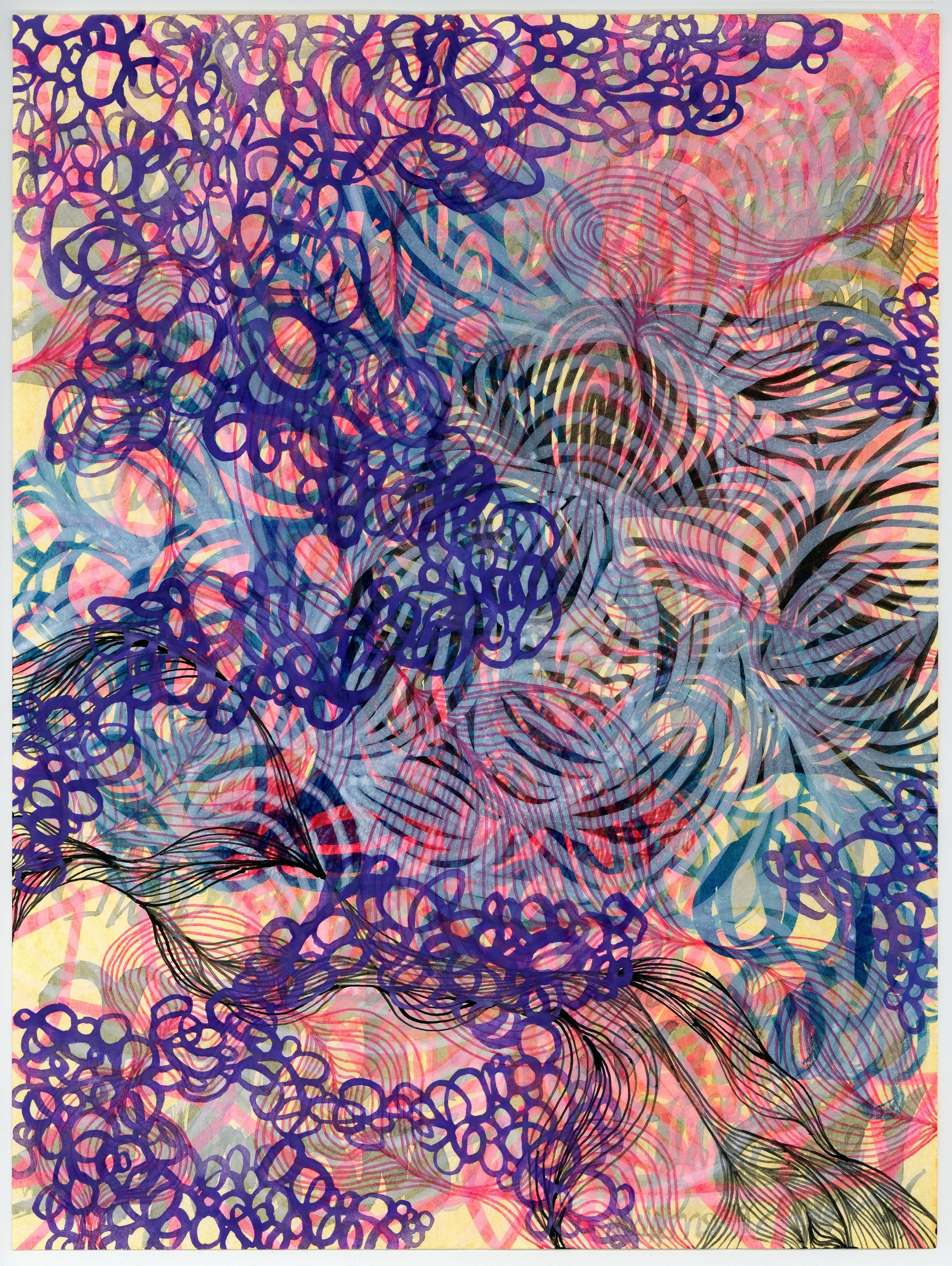 Expressive, abstract, and layered drawing made with ink and watercolor on a yellow-toned paper. Contains mostly purples, pinks, blues, and reds.