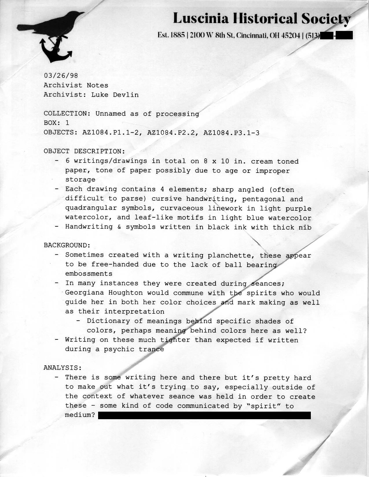 Object #AZ.LD98.AN1.1 (copy). Original object kept in offsite storage, photocopy made 2025.