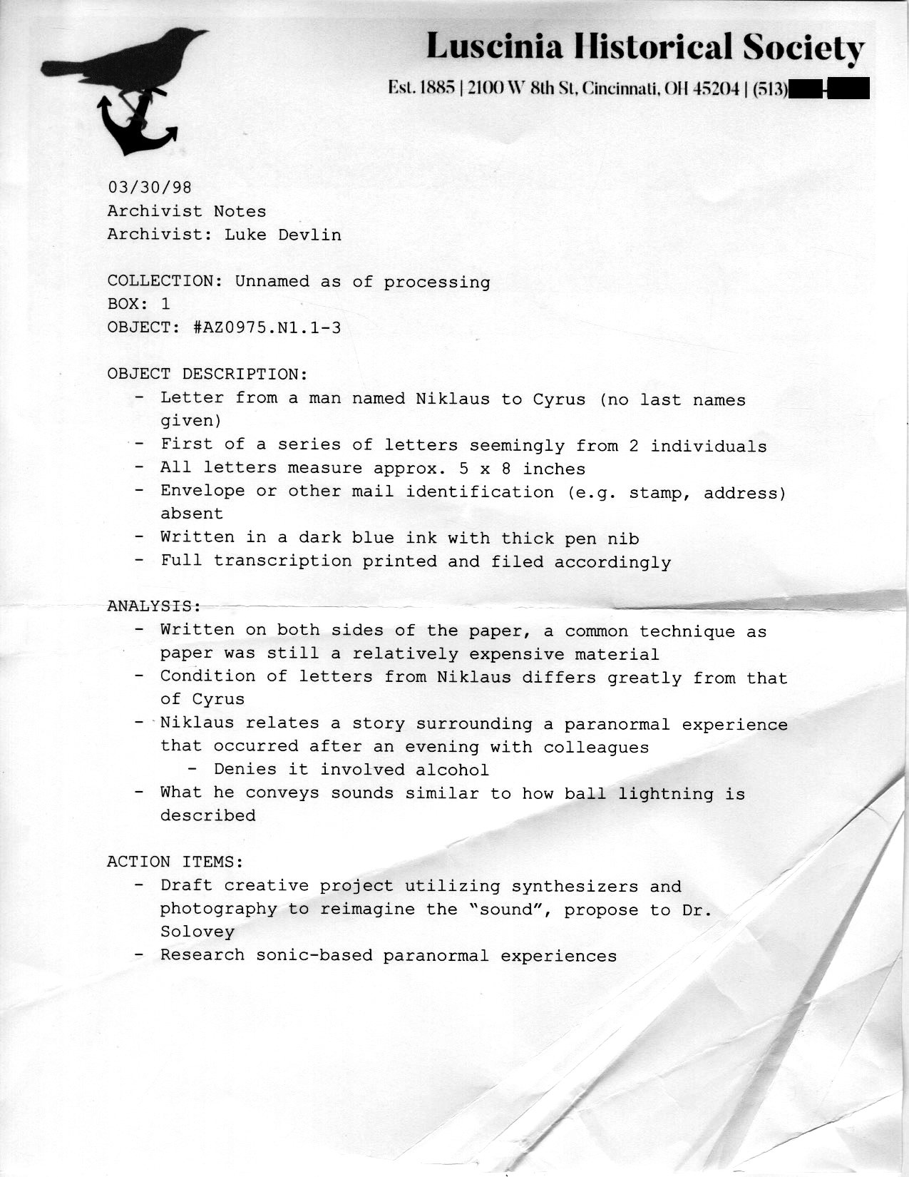 Object #AZ.LD98.AN2 (copy). Original object kept in offsite storage, photocopy made 2025. 