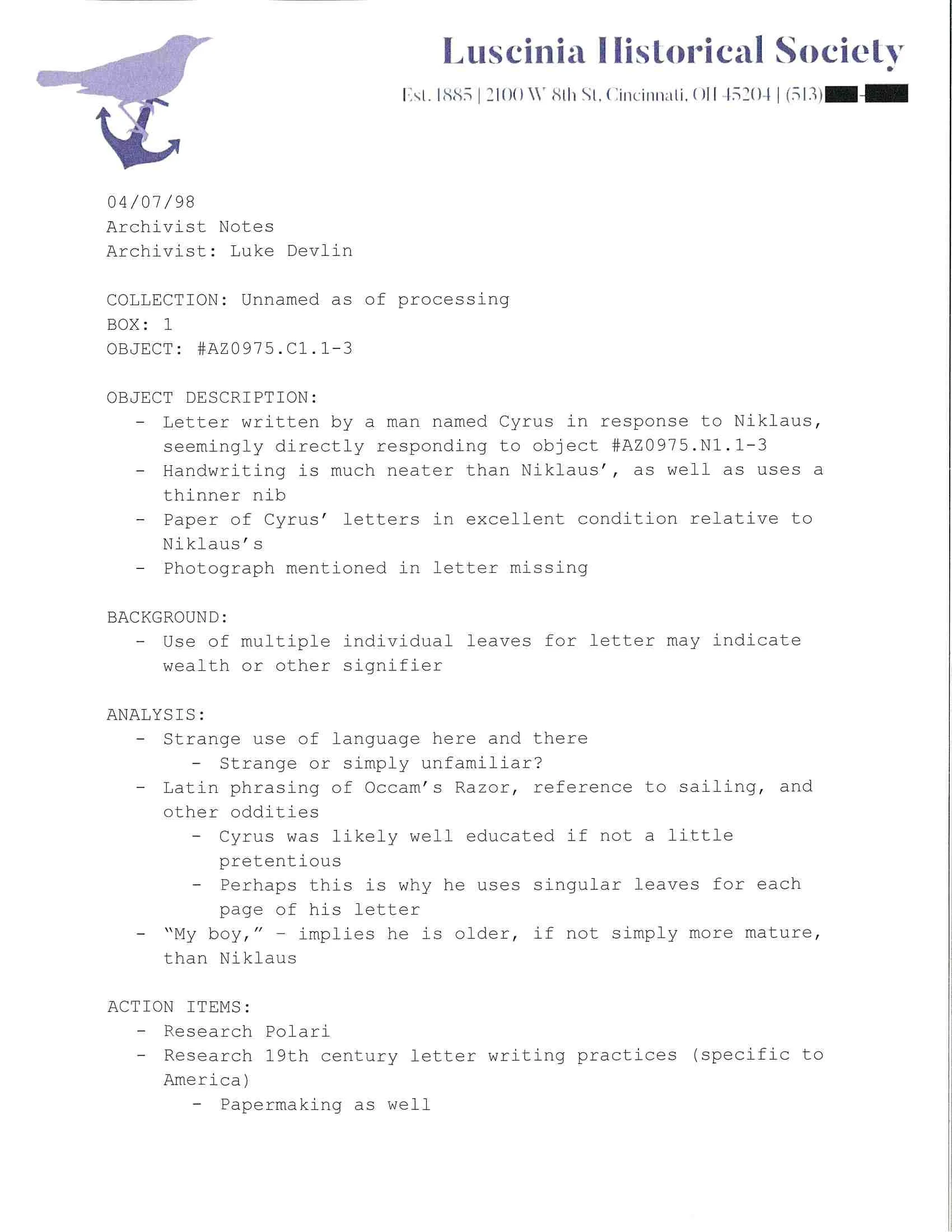 Object #AZ.LD98.AN2 (copy). Original object kept in offsite storage, color photocopy made 2025. 