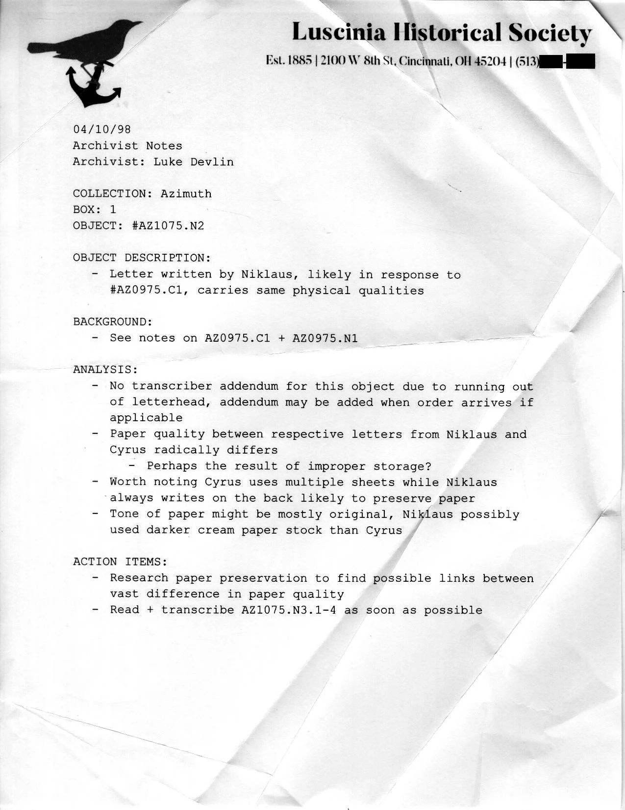 Object #AZ.LD98.AN5 (copy). Original object kept in offsite storage, photocopy made 2025. 