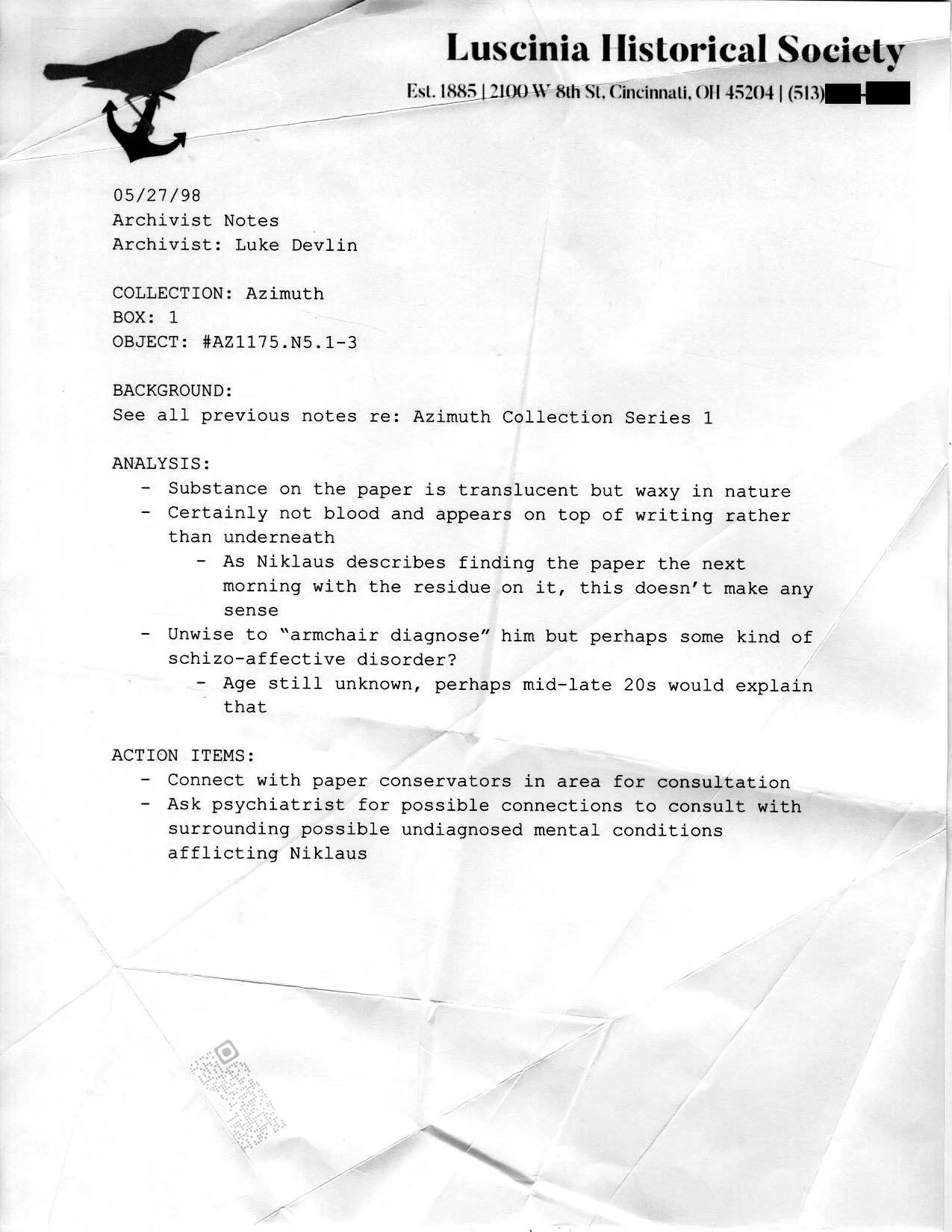 Object #AZ.LD98.AN8 (copy). Original object kept in offsite storage, photocopy made 2025. 