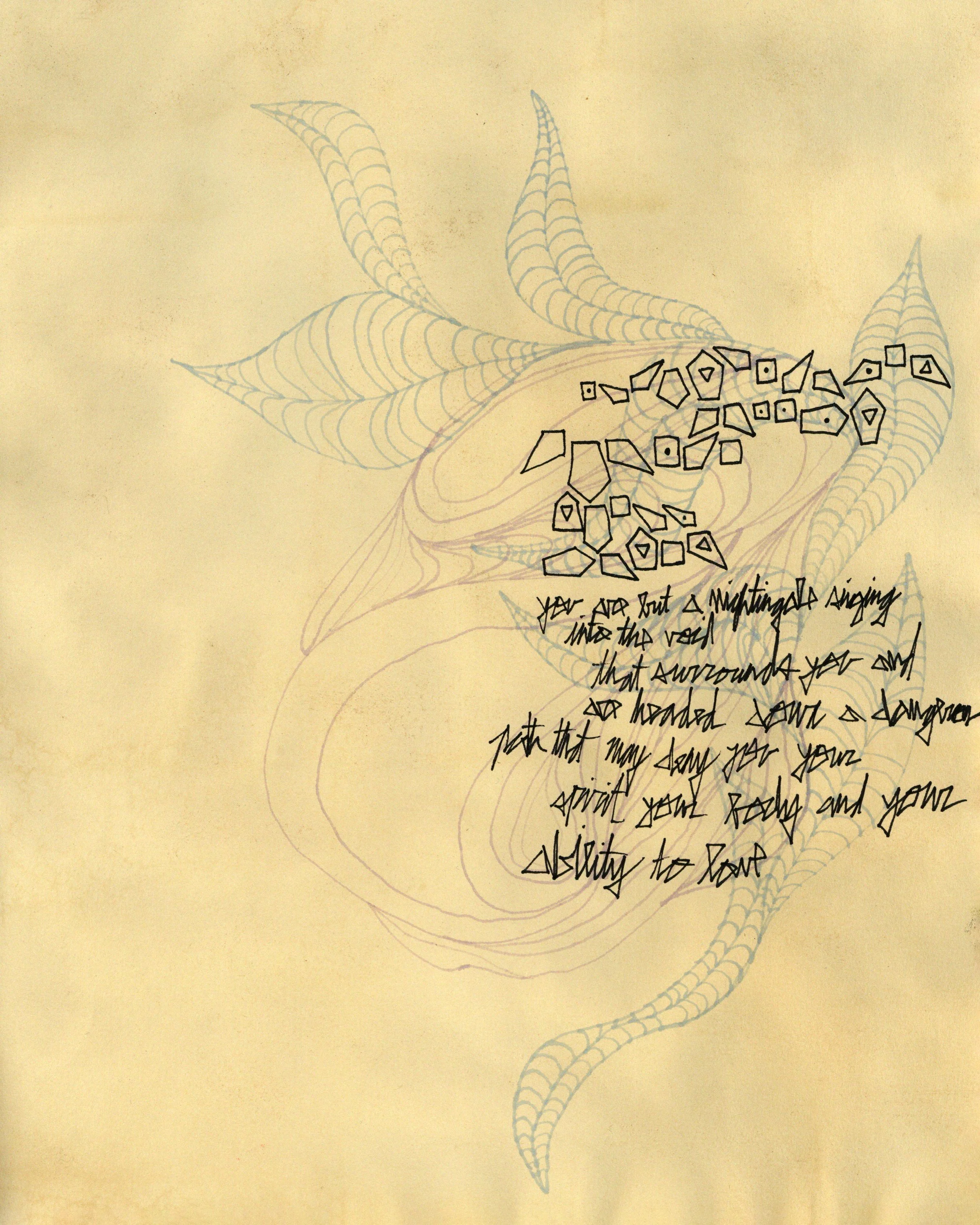 Drawing on yellow-cream colored paper with light purple and blue line work, geometric symbols, and difficult to read cursive