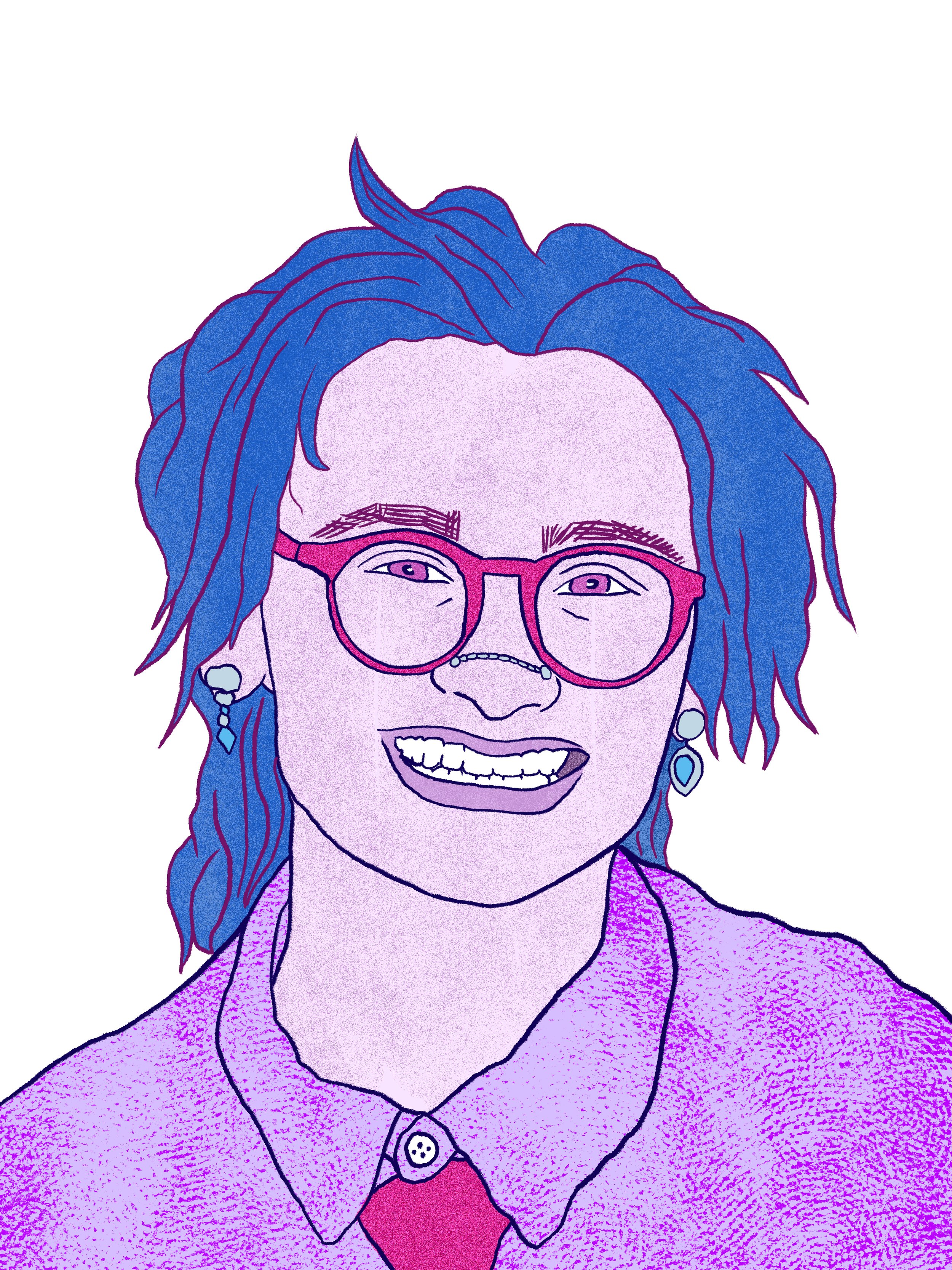 Portrait of a person with pink skin and blue hair