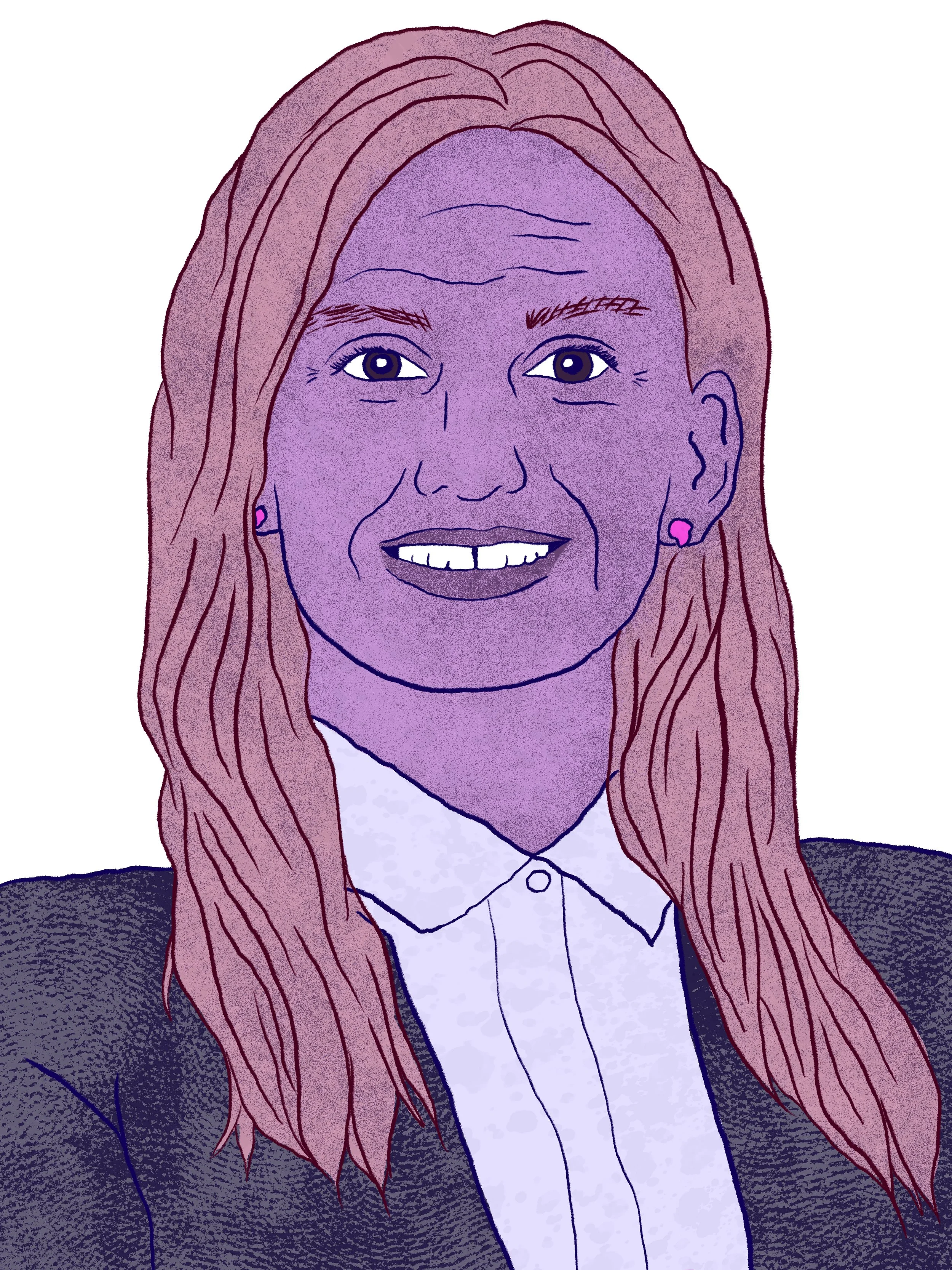 drawn portrait of a middle aged ethnically androgynous woman with long hair