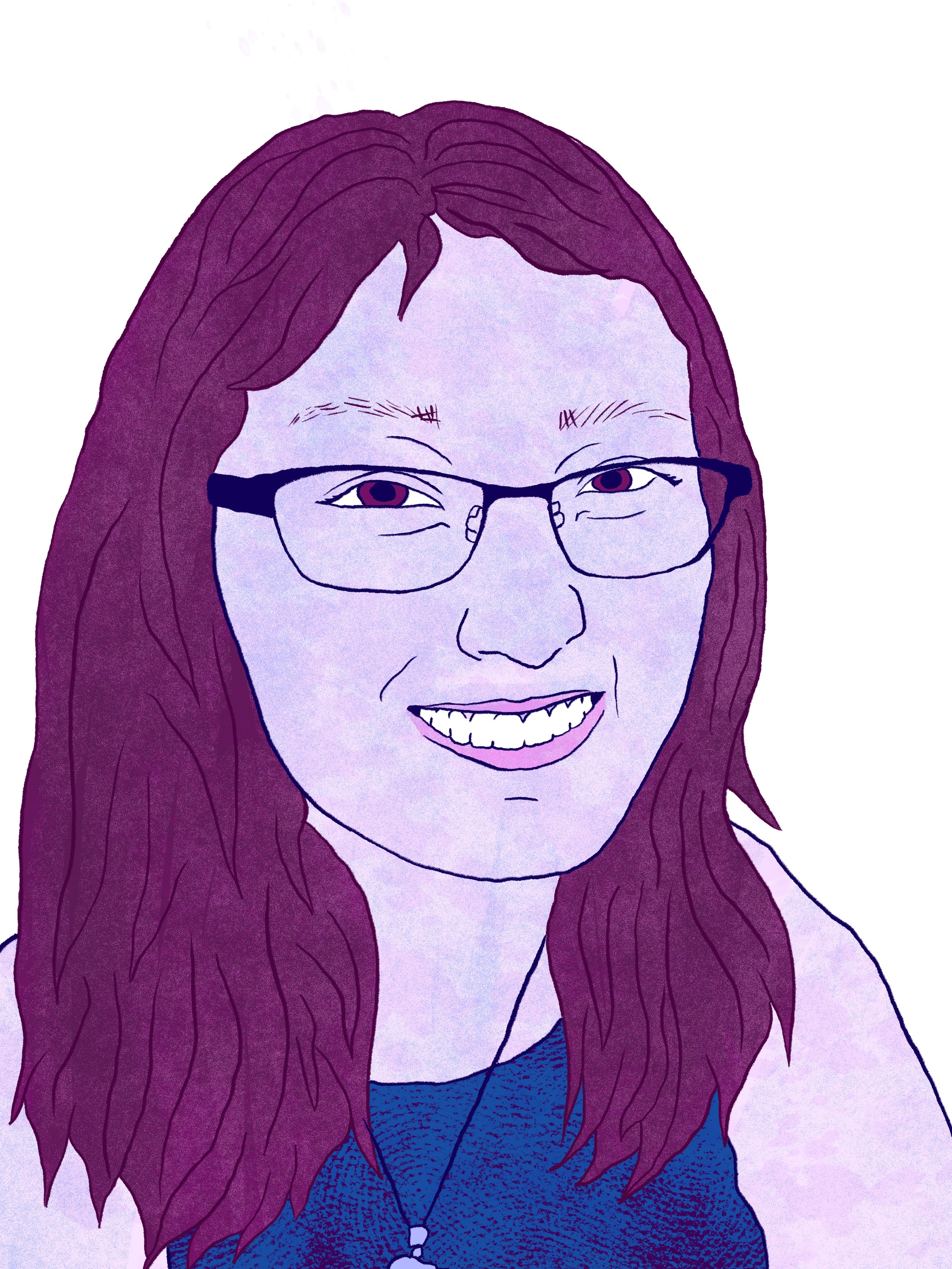 Portrait of a pink skinned person with purple hair