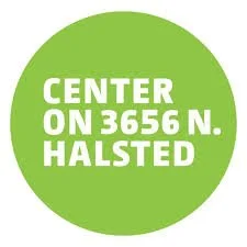 Green circular sign with white text reading 'Center on 3656 N. Halsted'.