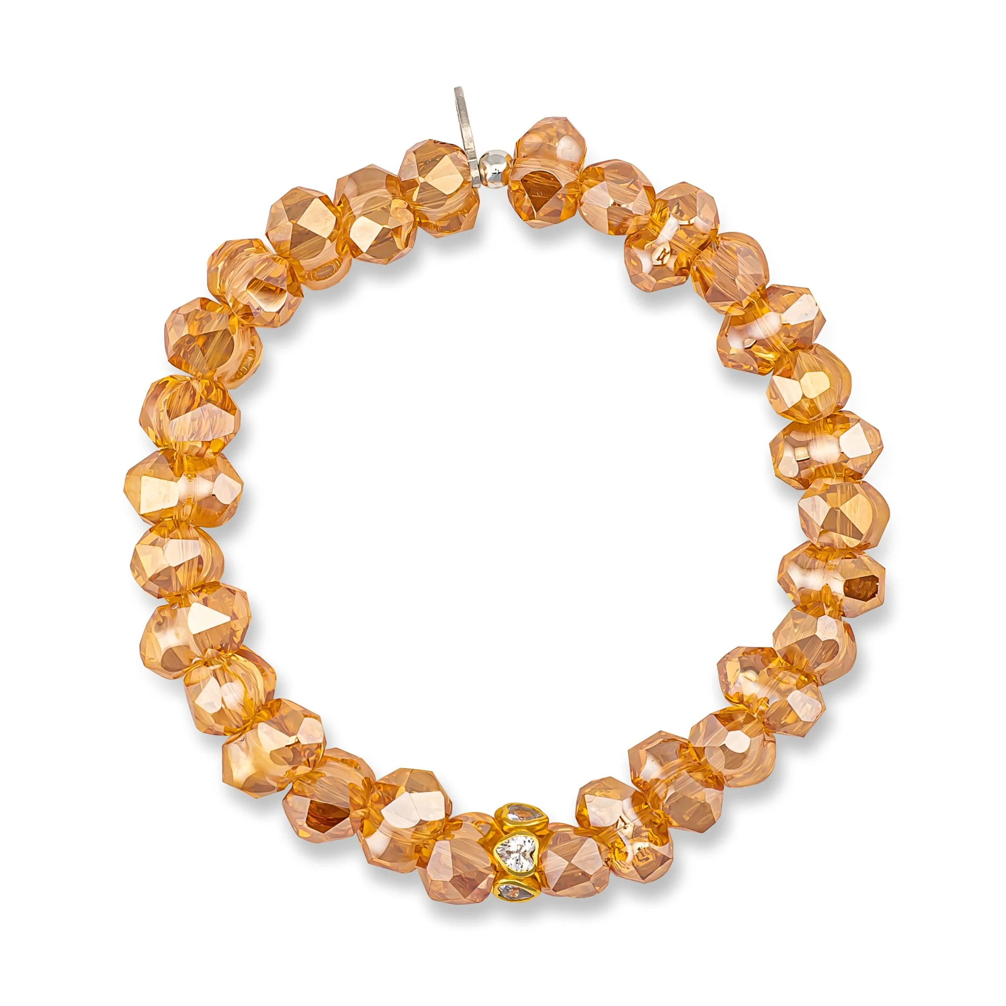 Orange crystal beaded bracelet with gold accents and a heart-shaped diamond charm in the center.