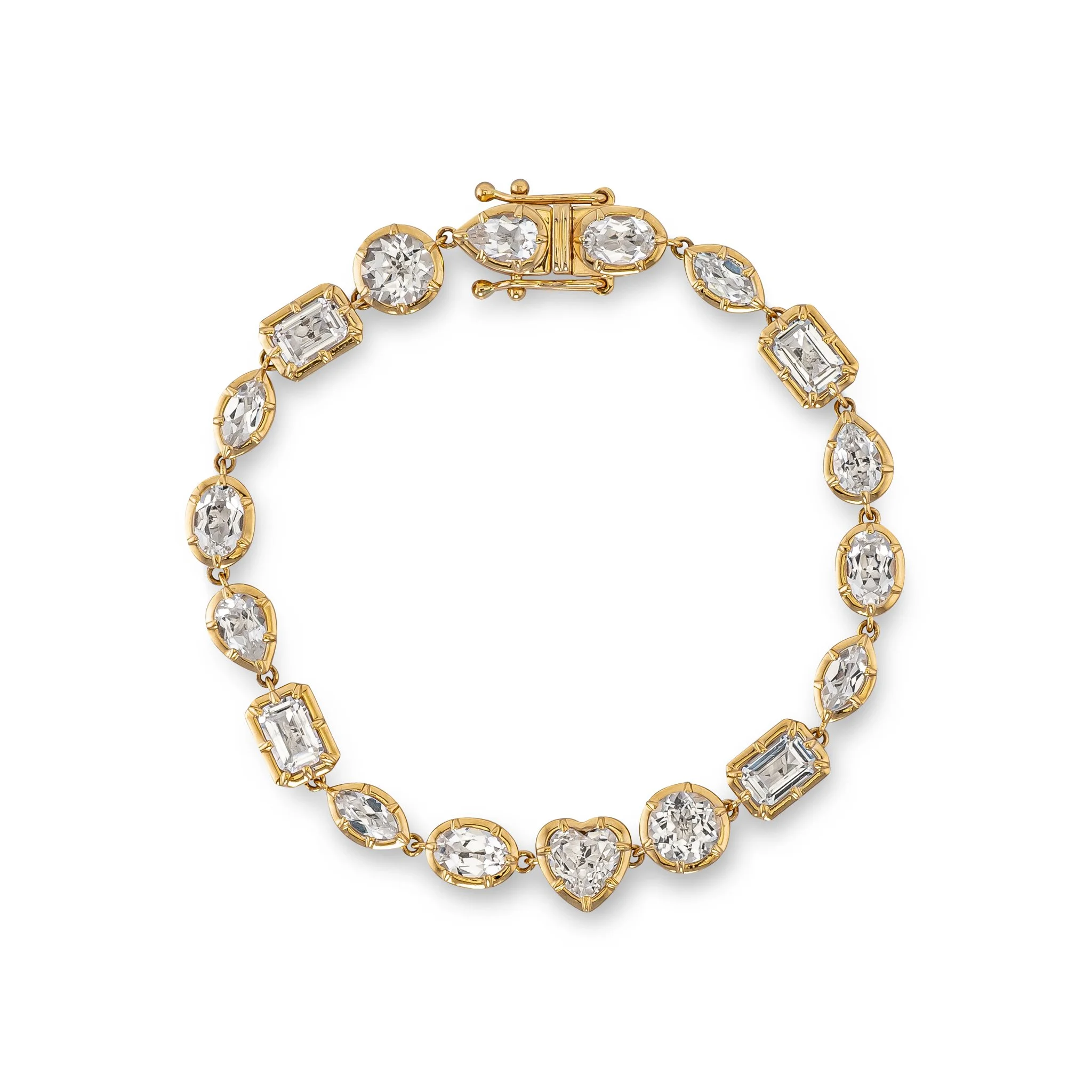 Gold bracelet with alternating heart, oval, round, and rectangular diamonds on a white background.