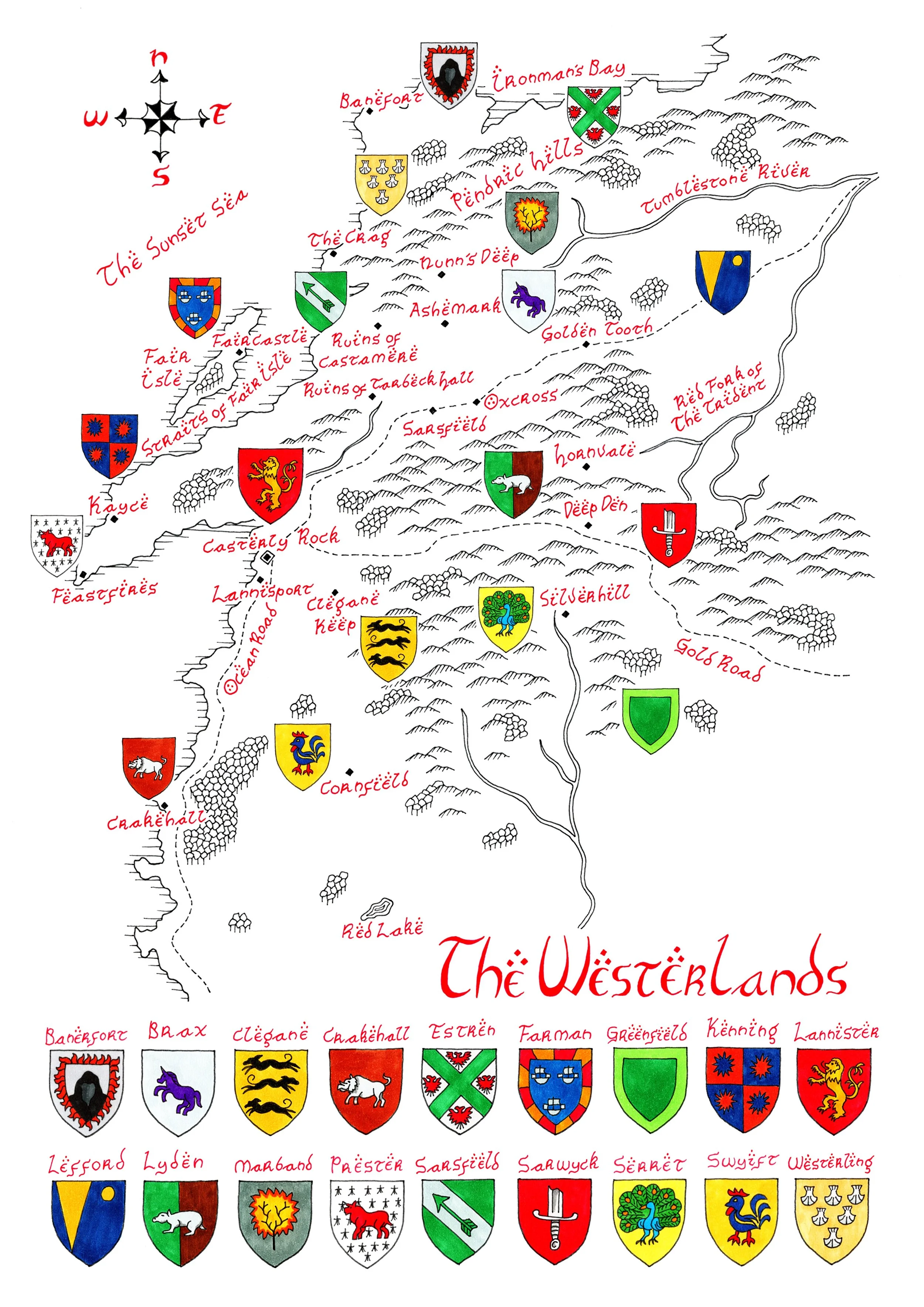 The Westerlands Game of Thrones House Sigils Map Hand Drawn Tolkien Style Map Artwork
