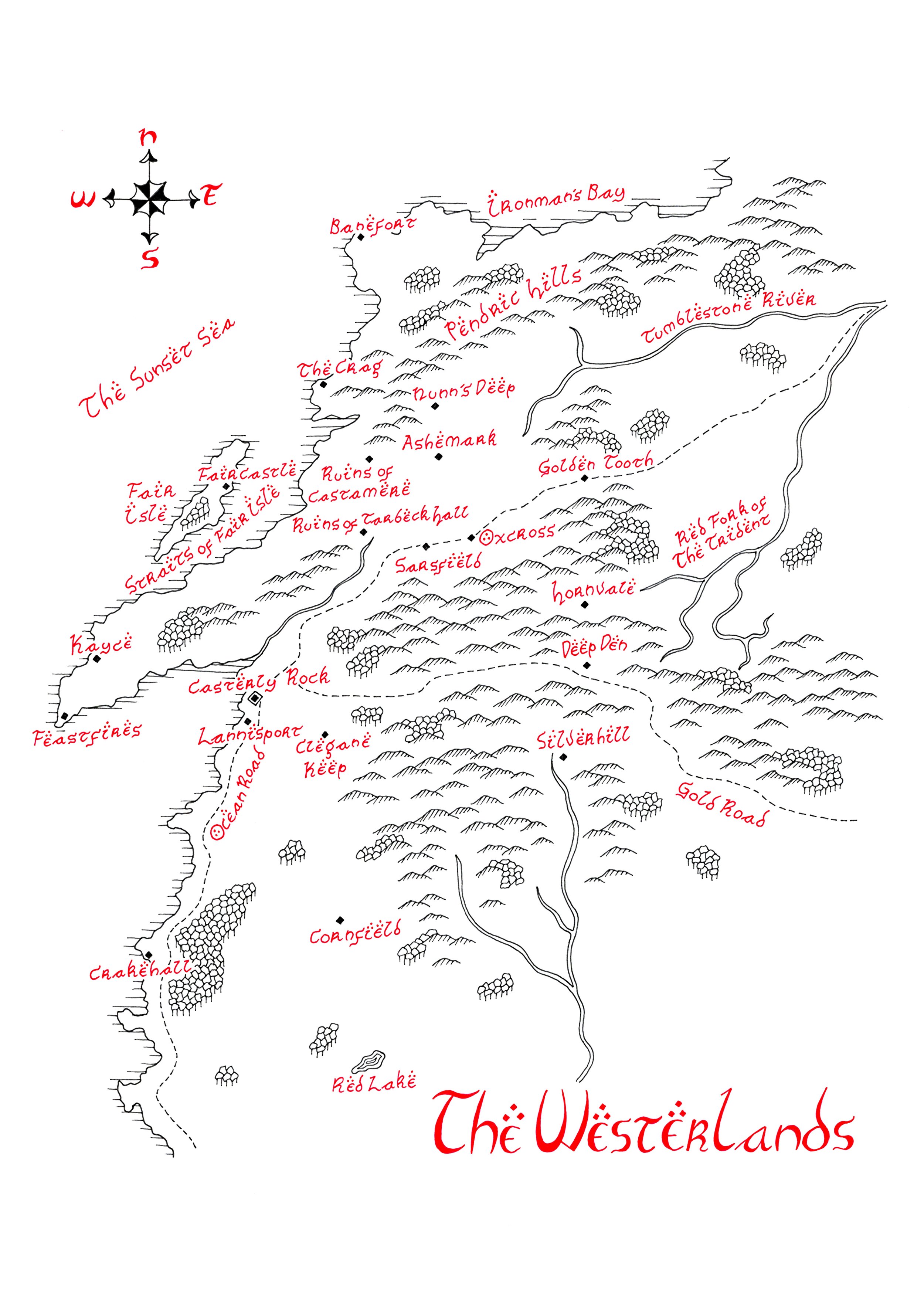 The Westerlands Game of Thrones Map Hand Drawn Tolkien Style Map Artwork