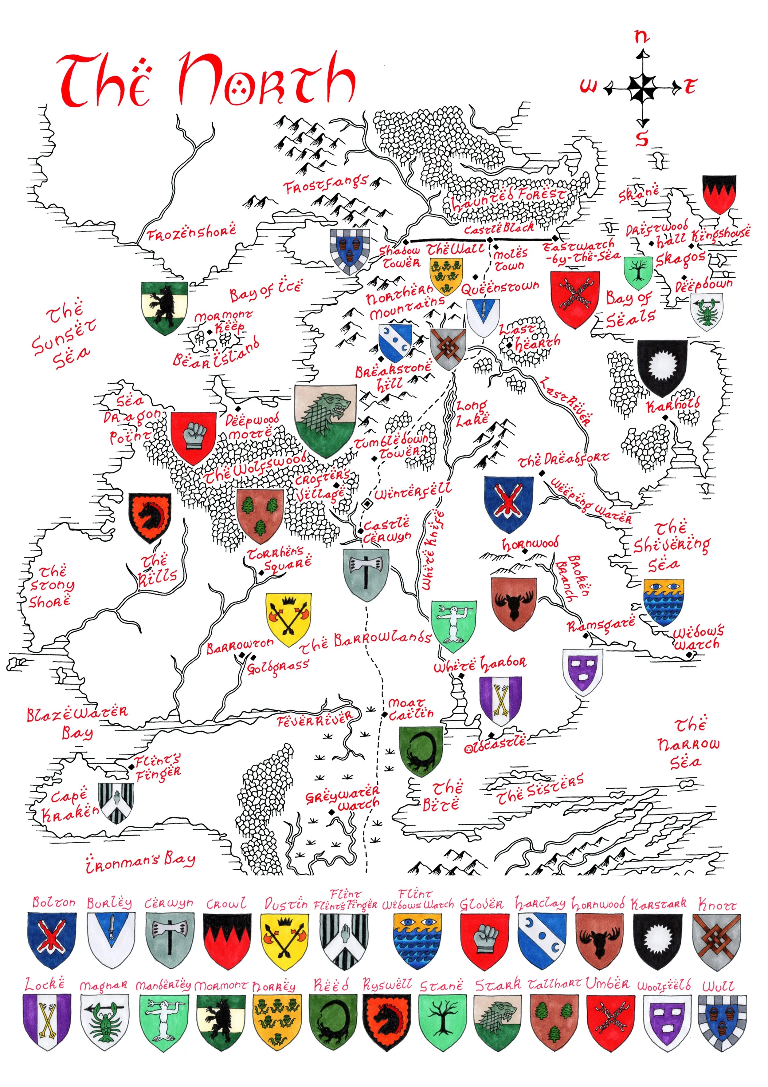 The North Game of Thrones House Sigils Map Hand Drawn Tolkien Style Map Artwork