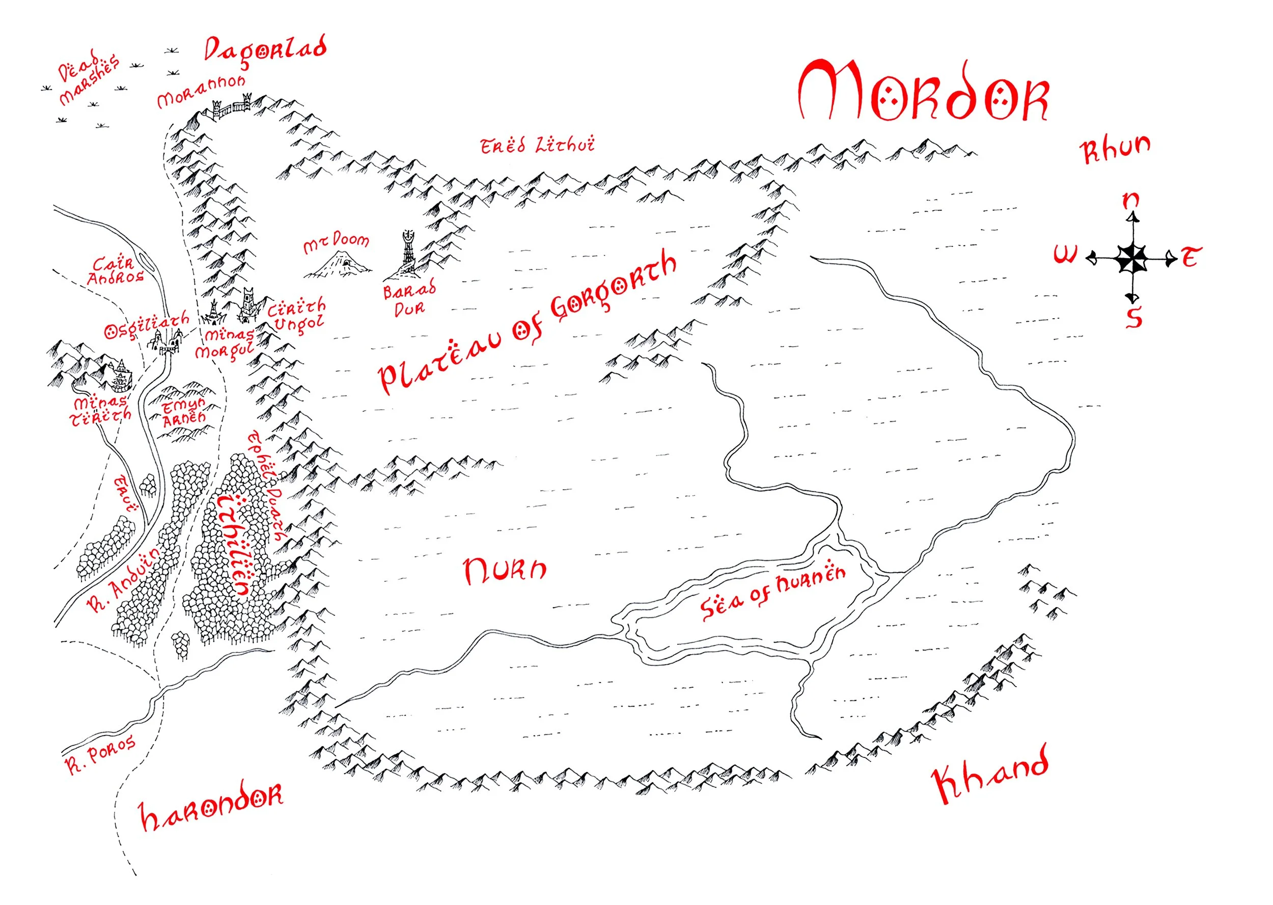 Hand drawn map of Mordor