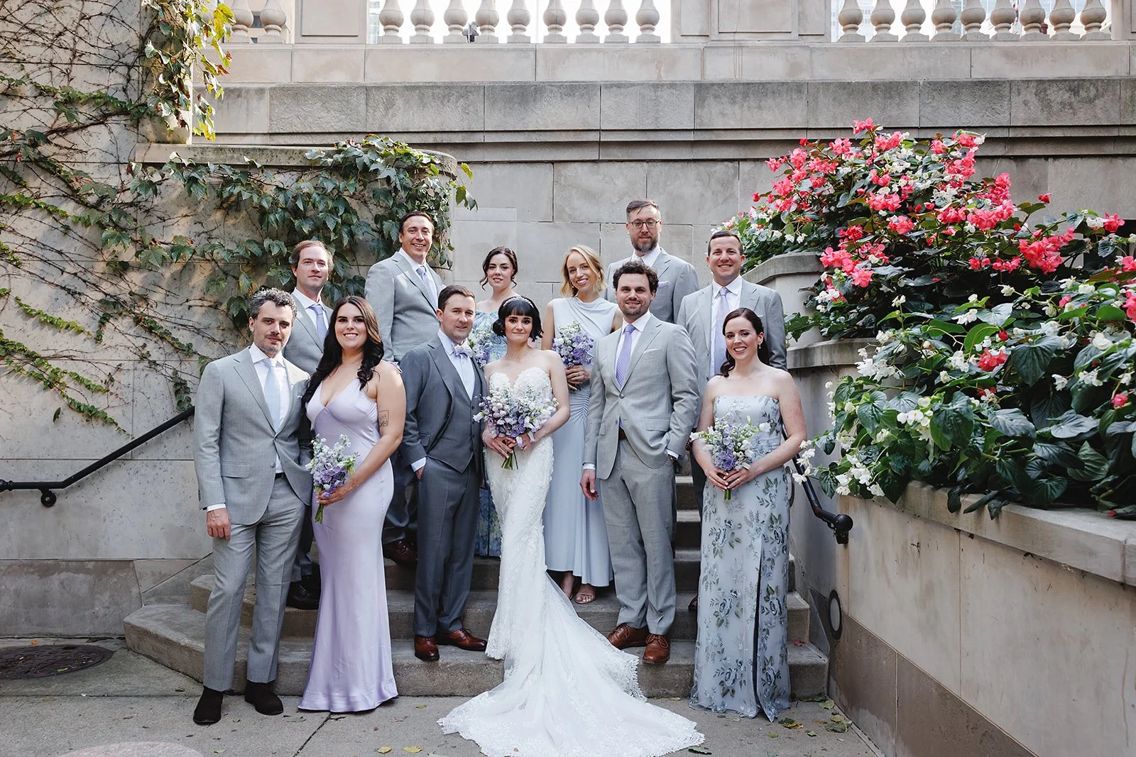 Bridal party on a wedding day by the Chicago River