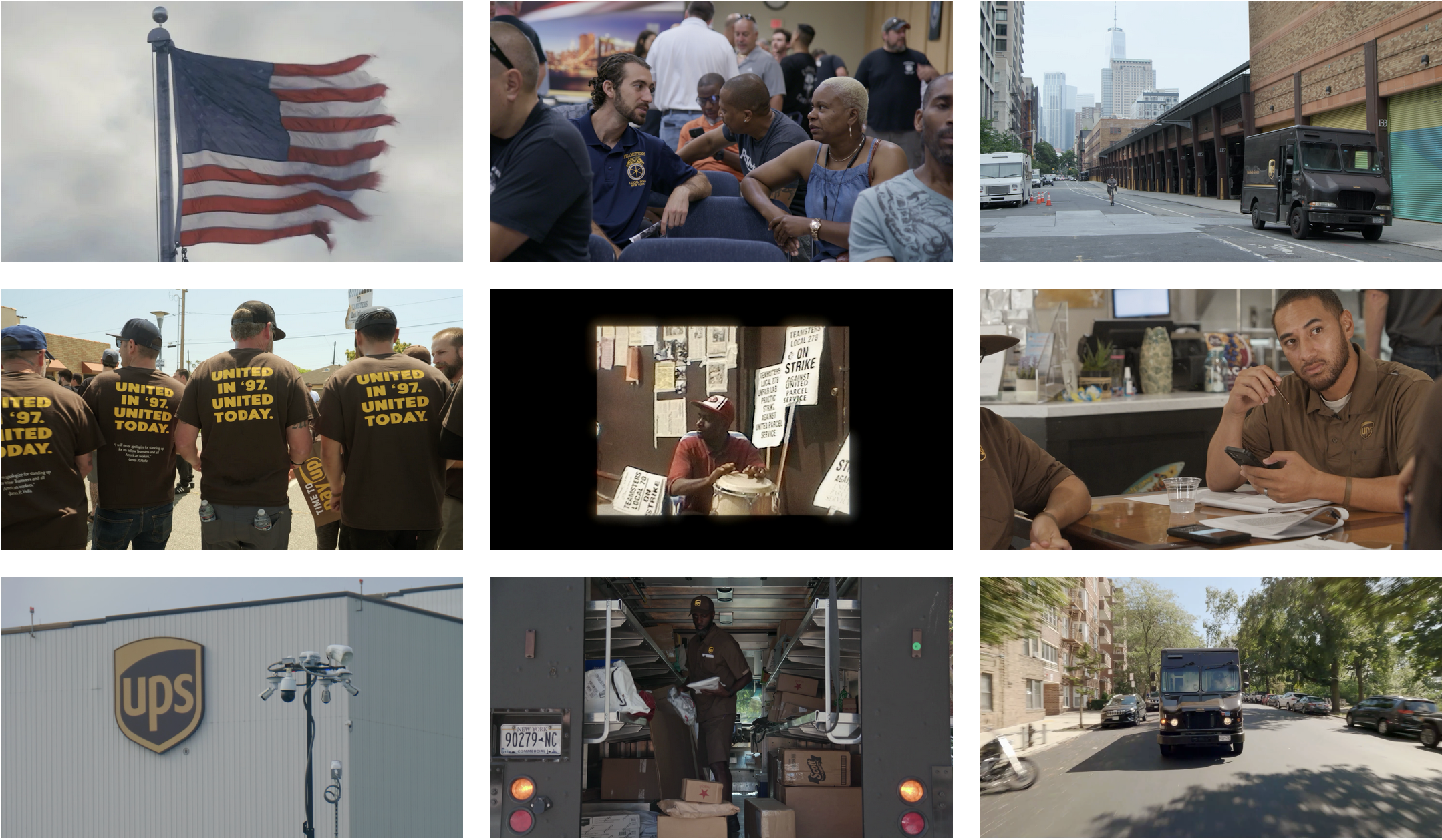 Stills from the film Who Moves America, including images of UPS workers at work, a their union halls, and a tattered American flag blowing in the wind. 