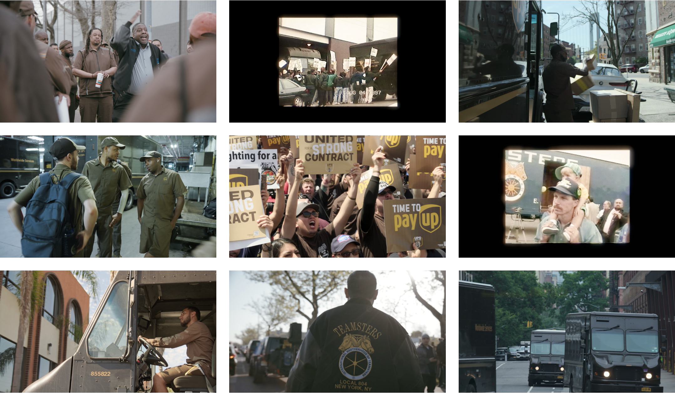 Stills from the film Who Moves America, including images of UPS workers at work, picket lines and a press conference. 
