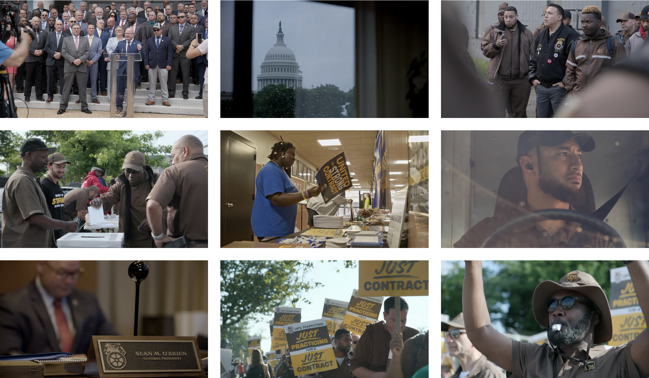 Stills from the film Who Moves America, including images of UPS workers at work, and UPS trucks on the streets of the USA.
