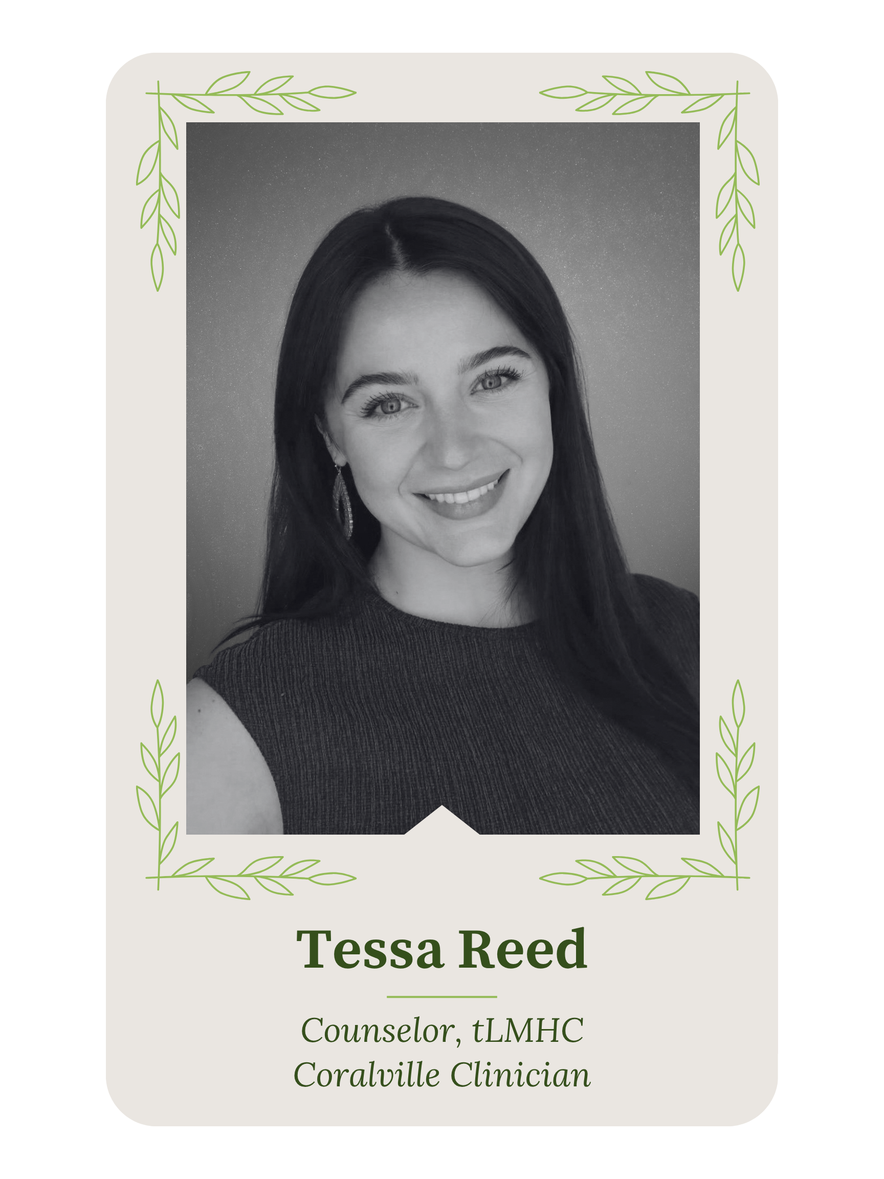 A professional headshot of Tessa Reed, smiling woman with long dark hair, dressed in dark top. The background is starry sky. The image is part of a certificate or award design with green leaf accents and the name 'Tessa Reed' written below.