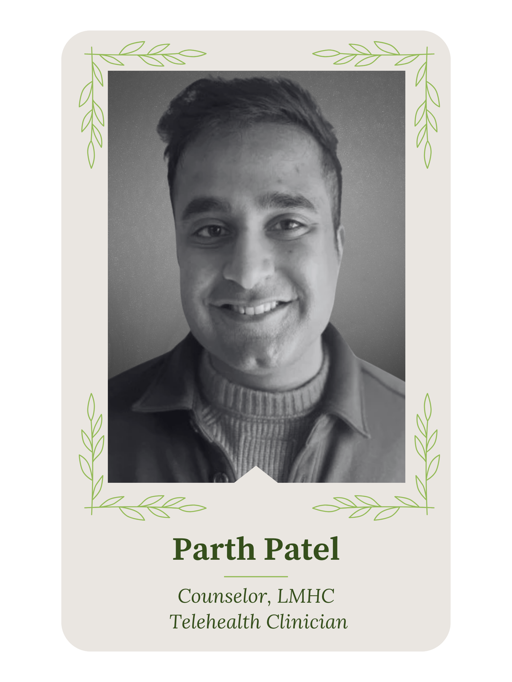 A professional photo on a name tag featuring Parth Patel, Counselor, LMHC at Coralville Clinic, with decorative green leaves border.