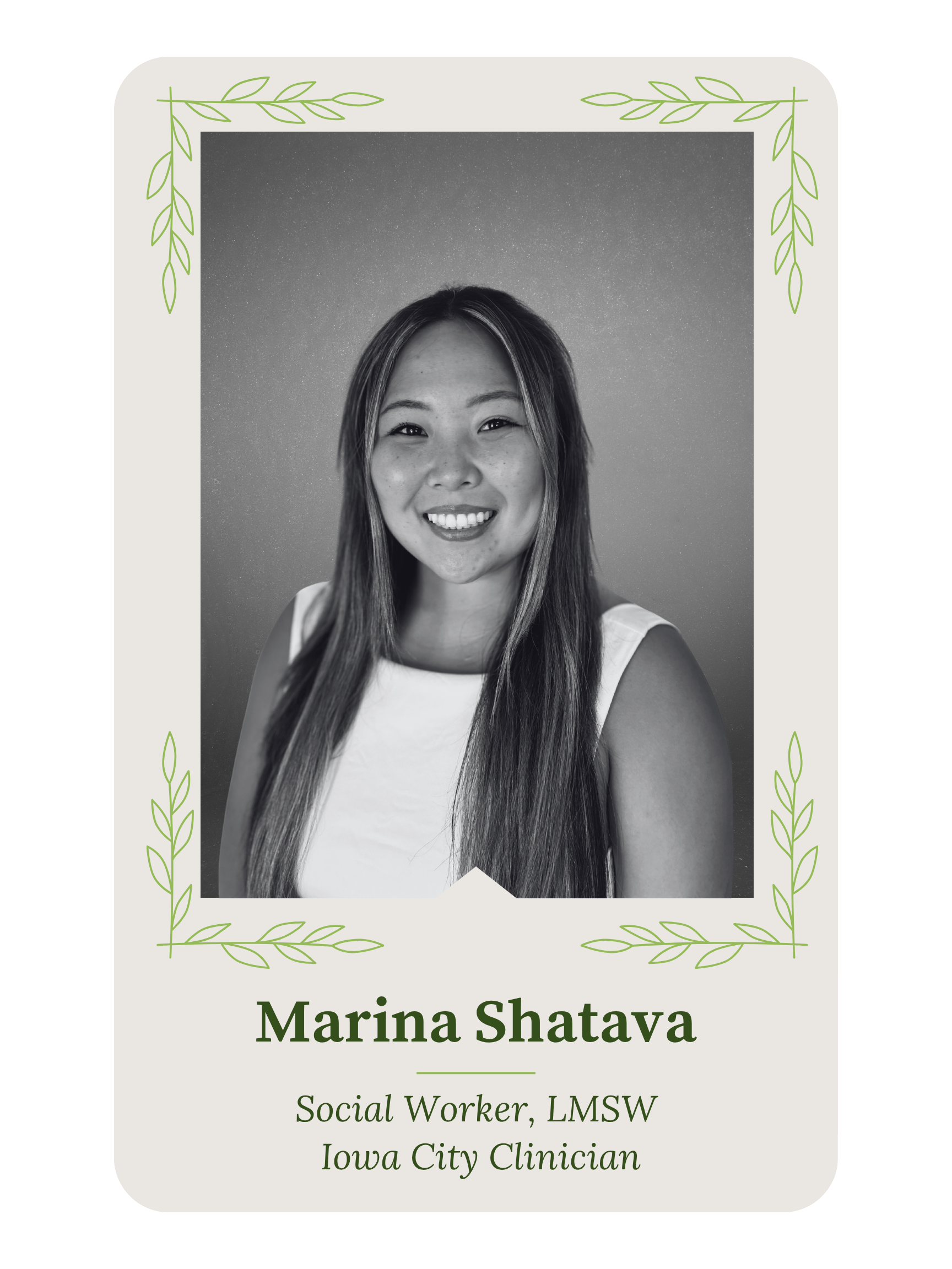 Name tag featuring a black-and-white photo of Marina Shatava, a smiling woman with long hair, and her professional titles: Social Worker, LMSW, Iowa City Clinician, surrounded by a decorative border of green leaves.