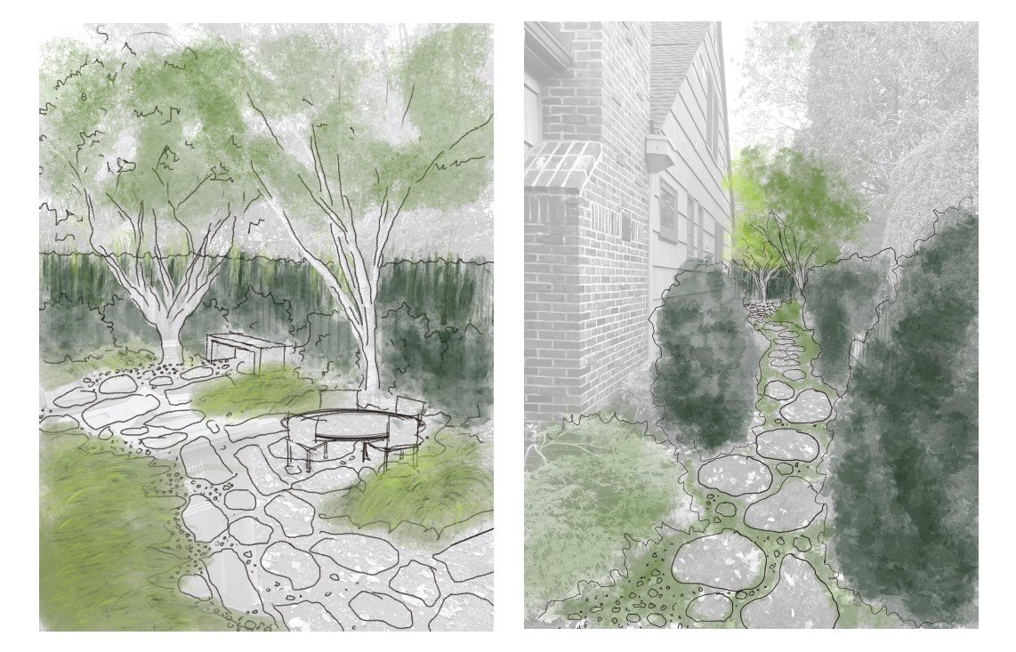 sketches of designs for backyard japanese style shade garden in portland oregon