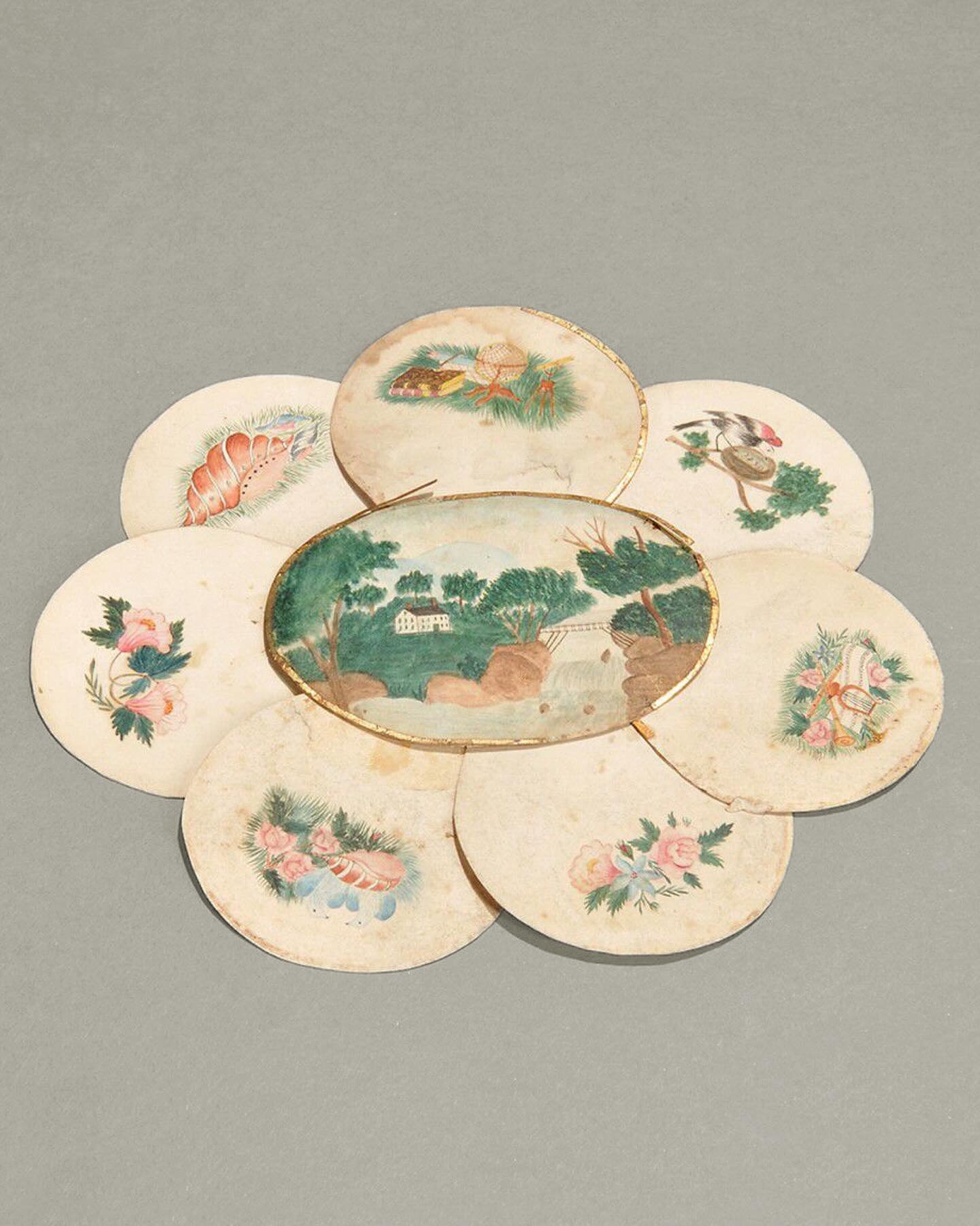 Watercolor valentine with gold leaf edges from the mid 1800s. Likely the work of Edwin Plummer 🌳🎶🐚🪺🌷 #AllKinds_Inspiration via Bonham&rsquo;s.
