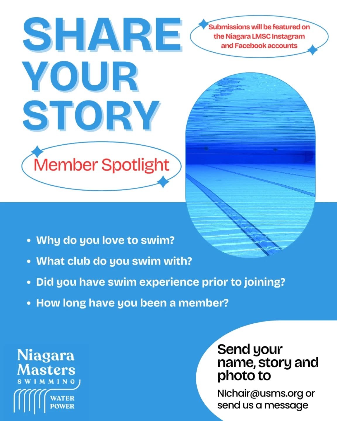 We want to hear from you! 
Send us your swim story to be featured on our Instagram and Facebook accounts. 

Email your name, photo and story to NIchair@usms.org or send us a message.  #usmastersswimming #swimming #shareyourstory