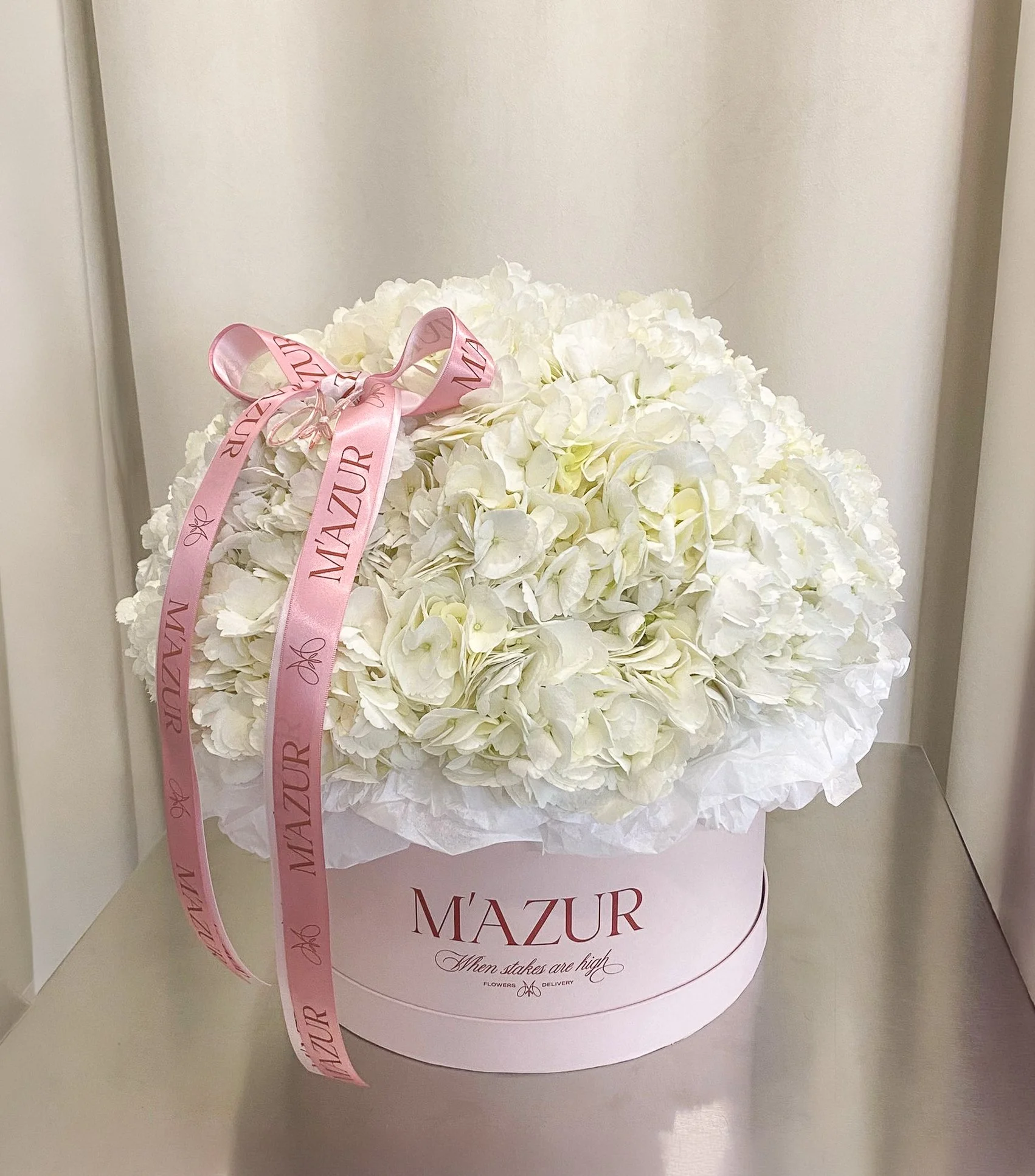 White hydrangeas in a box