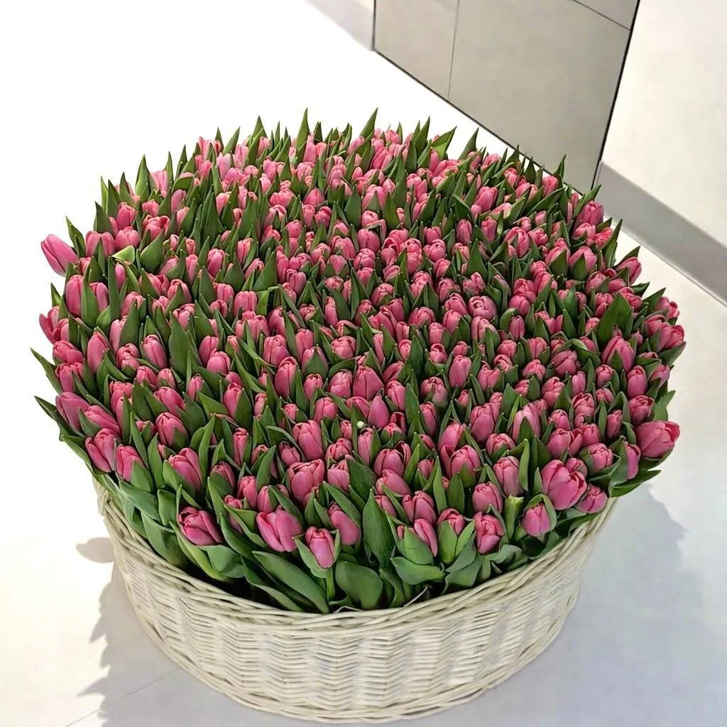 400 тюльпанов в корзине