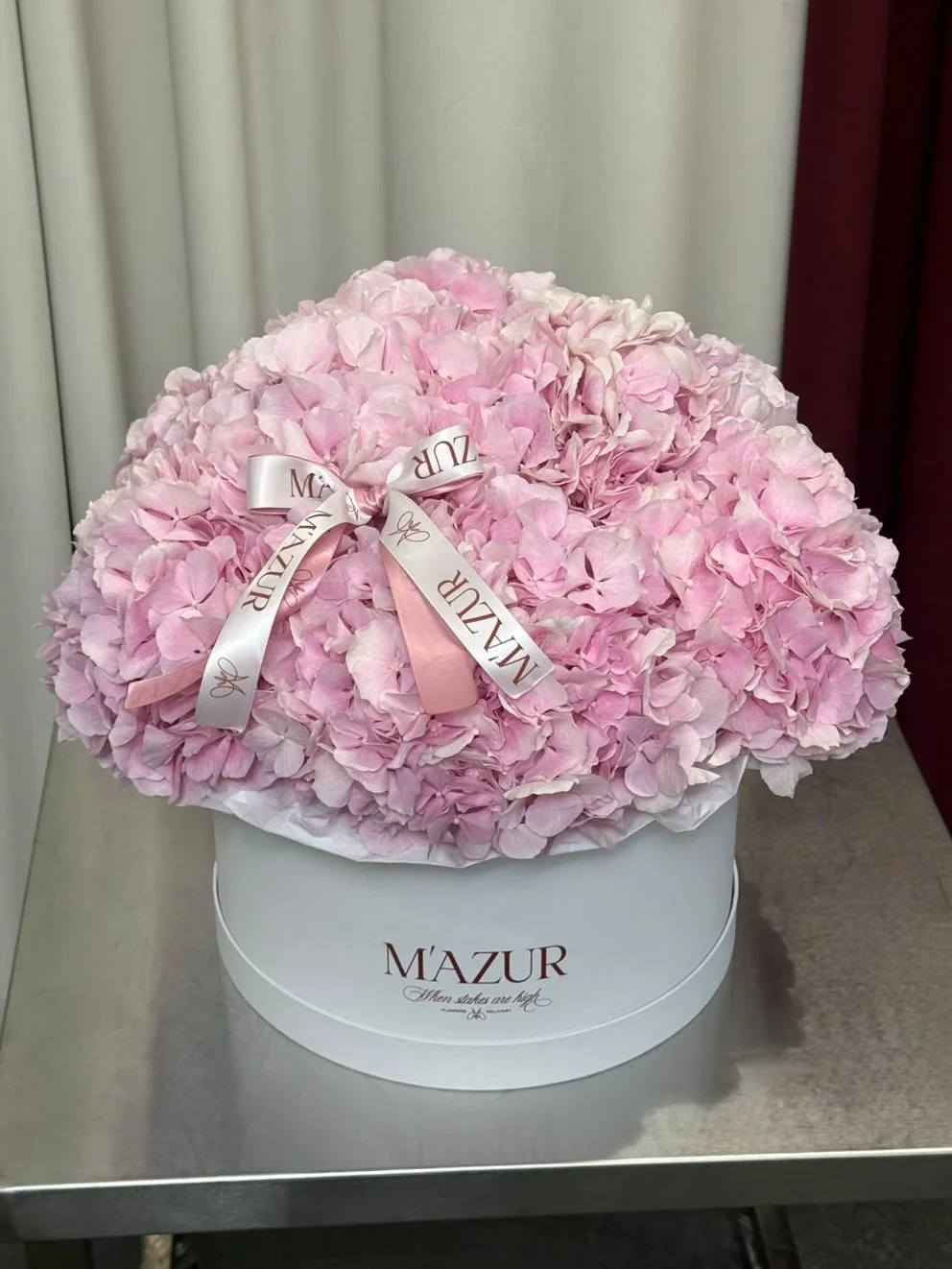 Pink hydrangeas in a box