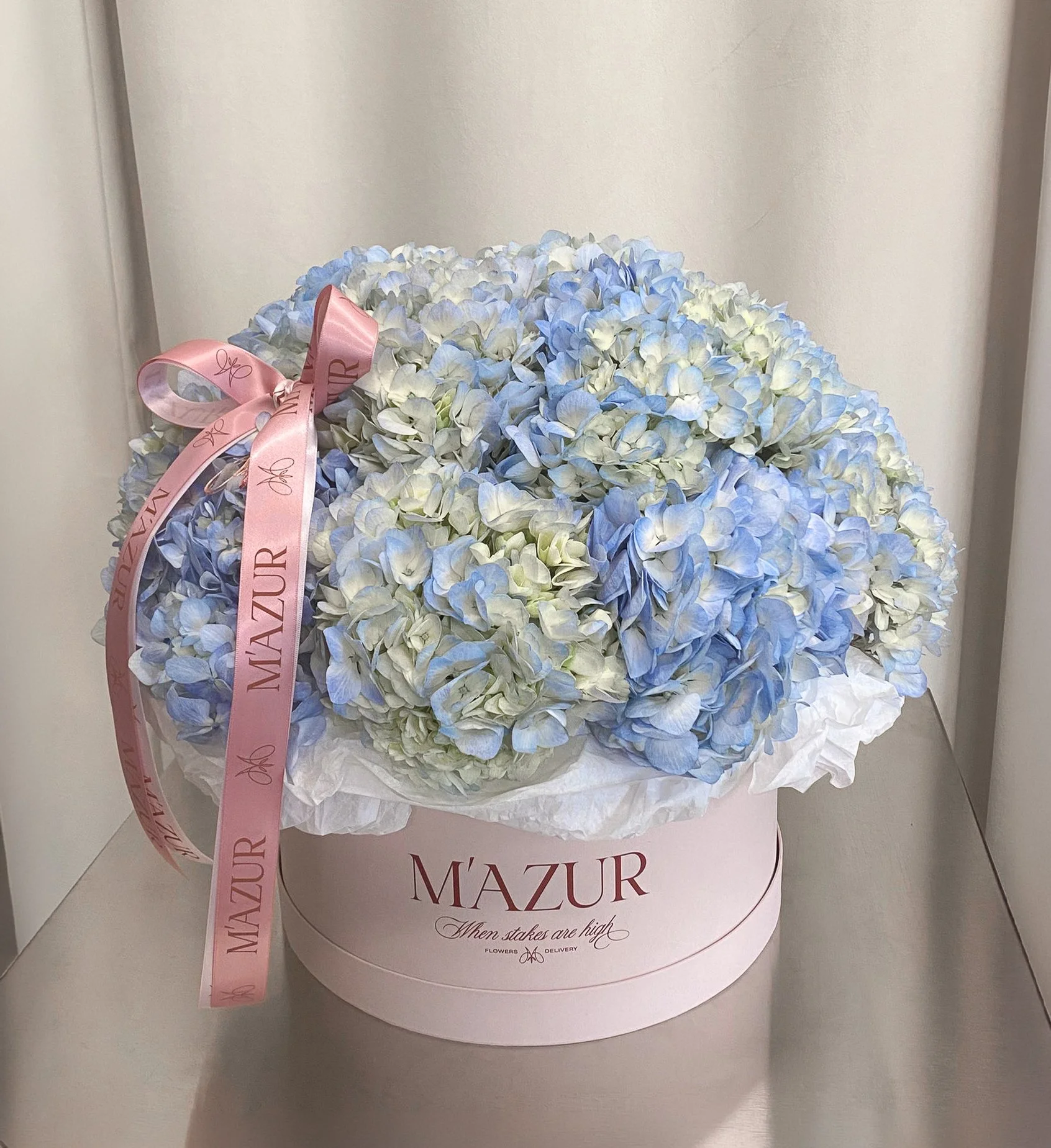 Blue hydrangeas in a box