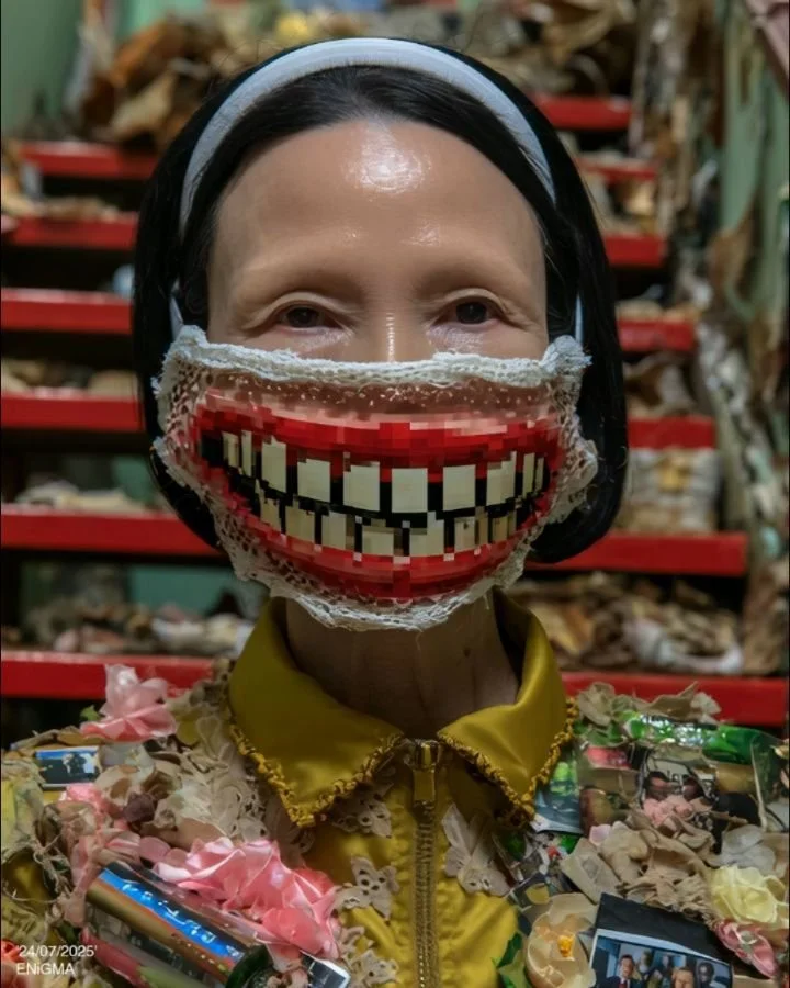 &quot;A pixelated smile to hide the real stream of emotions.&quot;
- 24/07/2025

midjourney v7, topaz rhea &amp; theia
.

,

,

,

,

,

,

,

,

.
#digitalart #aiart #ai #art #artist #aiartcommunity #surrealart #midjourney #abstractart #hyperreal #s