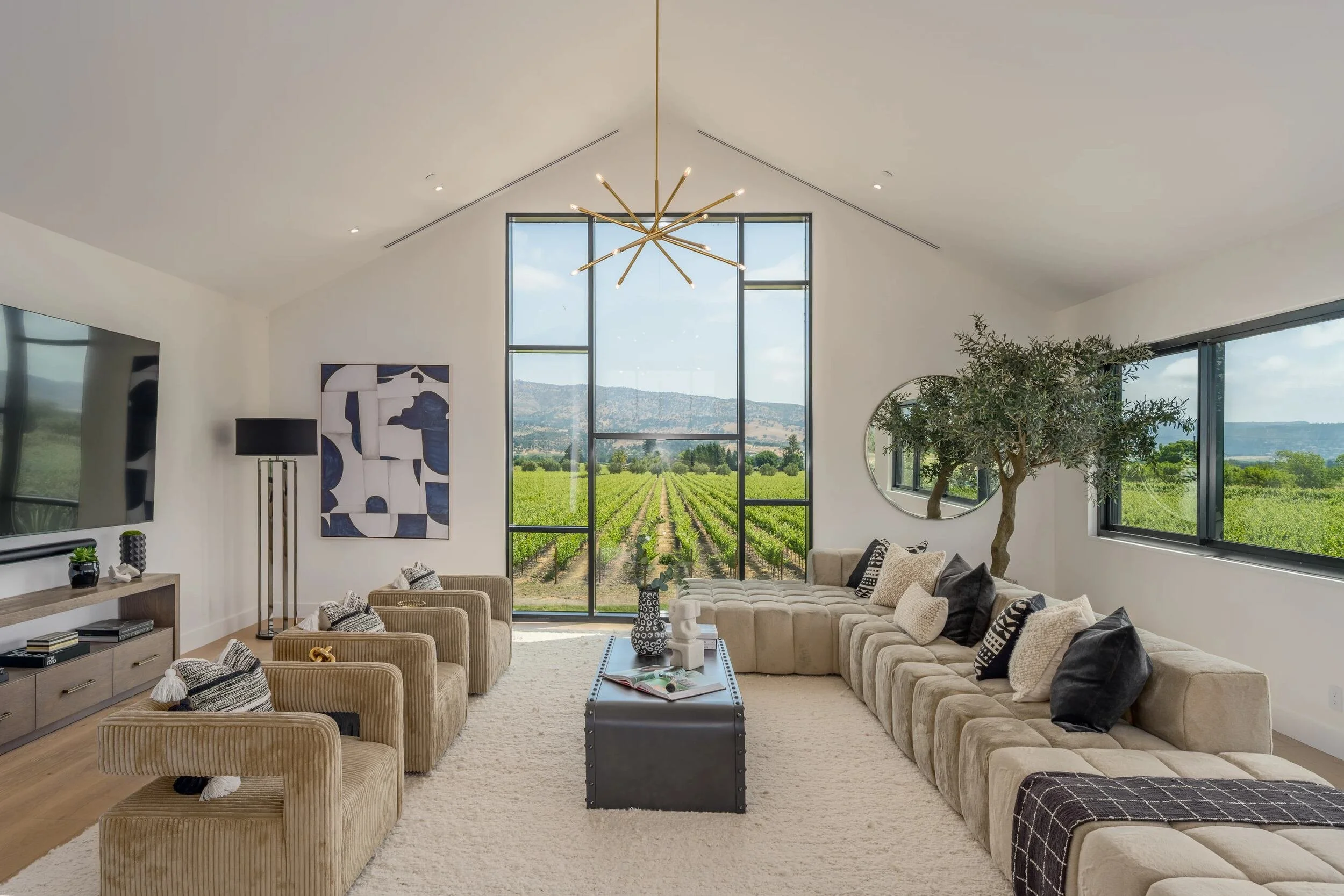 Upstairs living room with vaulted ceiling, floor-to-ceiling window, and vineyard view
