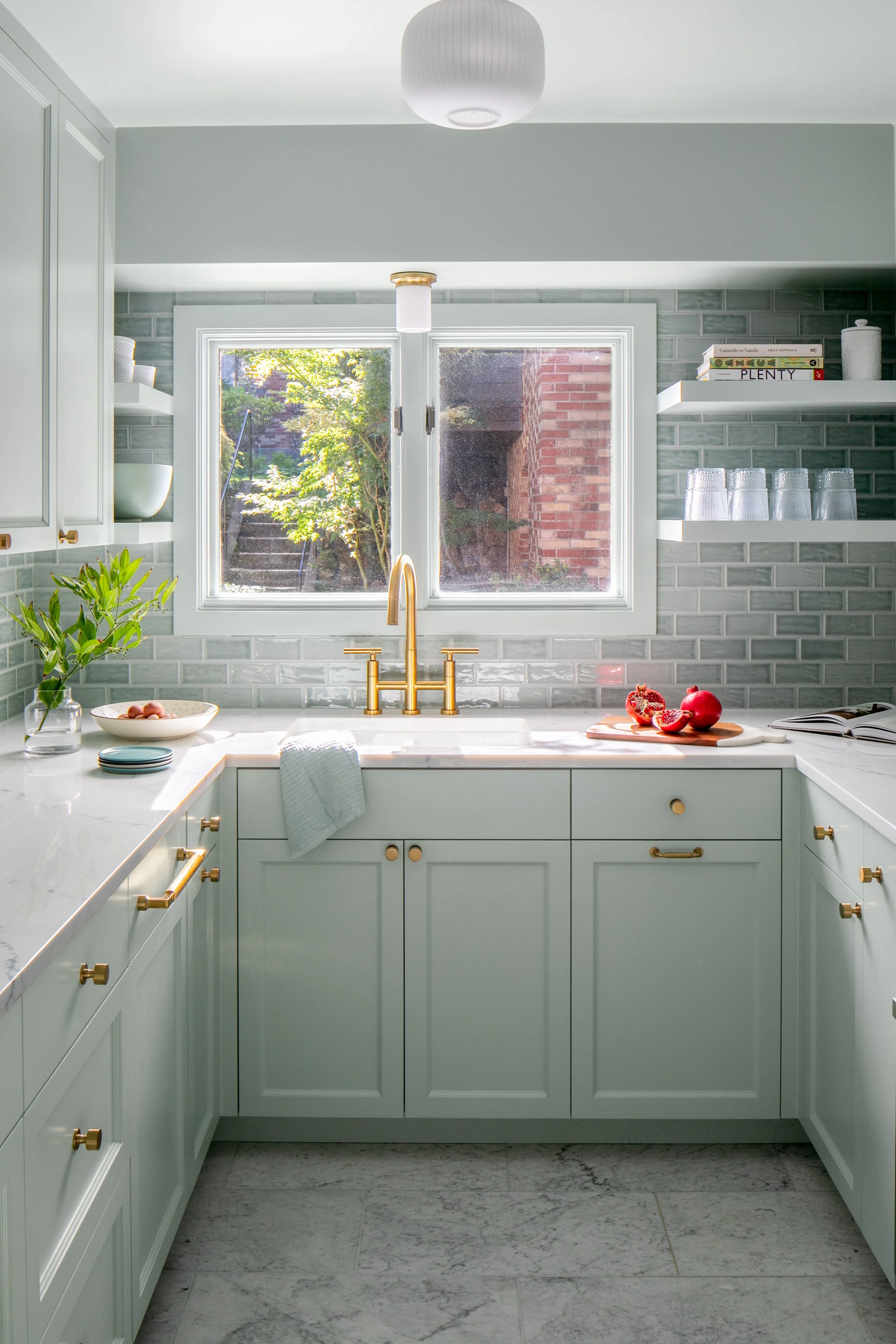 Glowing kitchen with a view.