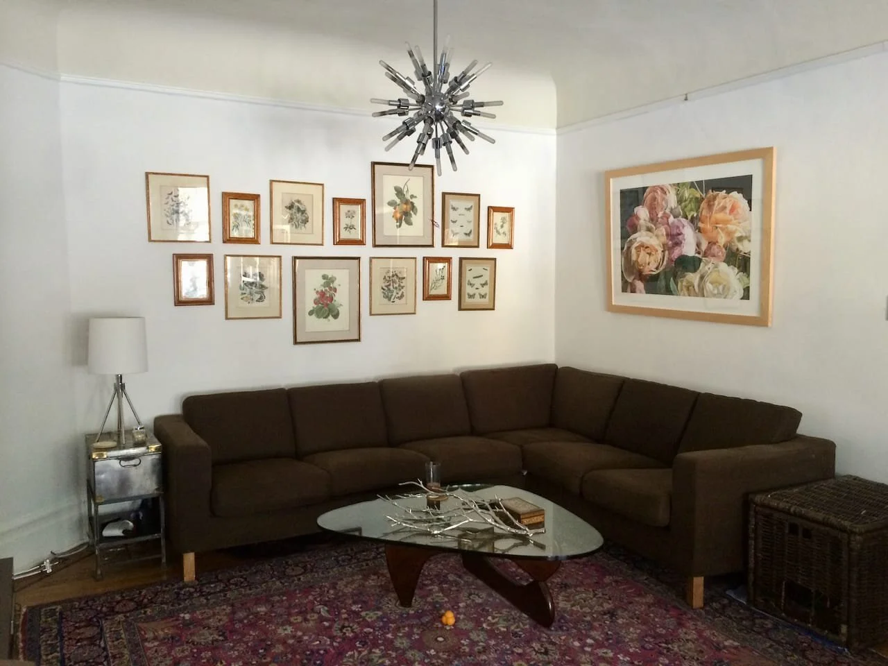 Vintage botanical engravings and metal box side table from Alameda Antique Fair, tripod lamp from West Elm (yes, the walls are in desperate need of color, but the landlords wouldn’t allow paint)