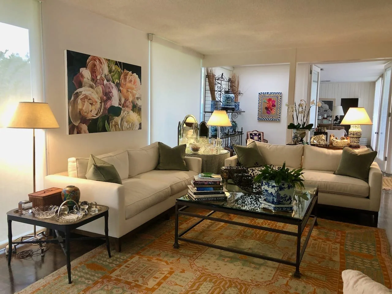Glass table is custom made, left side table is 18th Century Toile Chinoiserie tray made into a table. Couches are custom made, carpet is Oushak circa 1840