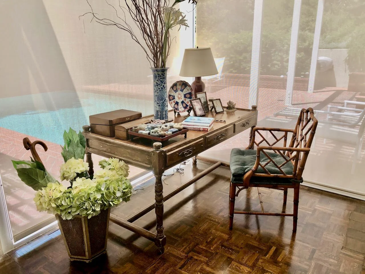 Desk is a reproduction of Louis VIII writing desk.